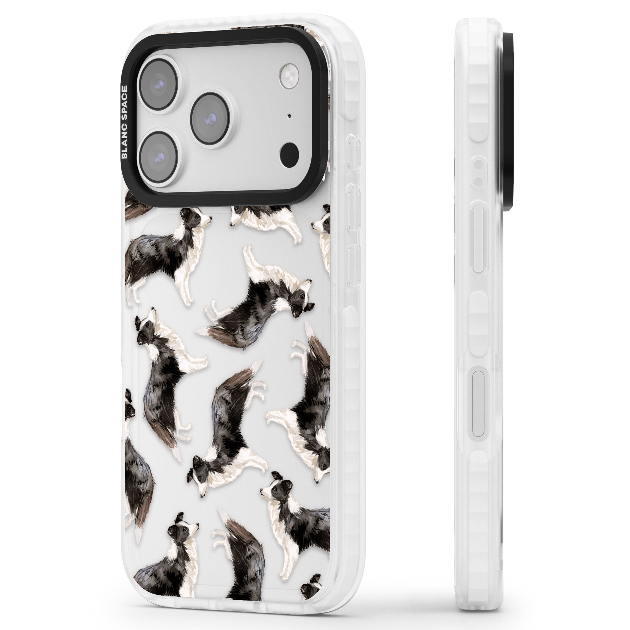 Border Collie Pattern Watercolour iPhone 17 Pro Max Impact Clear Phone Case Side Profile