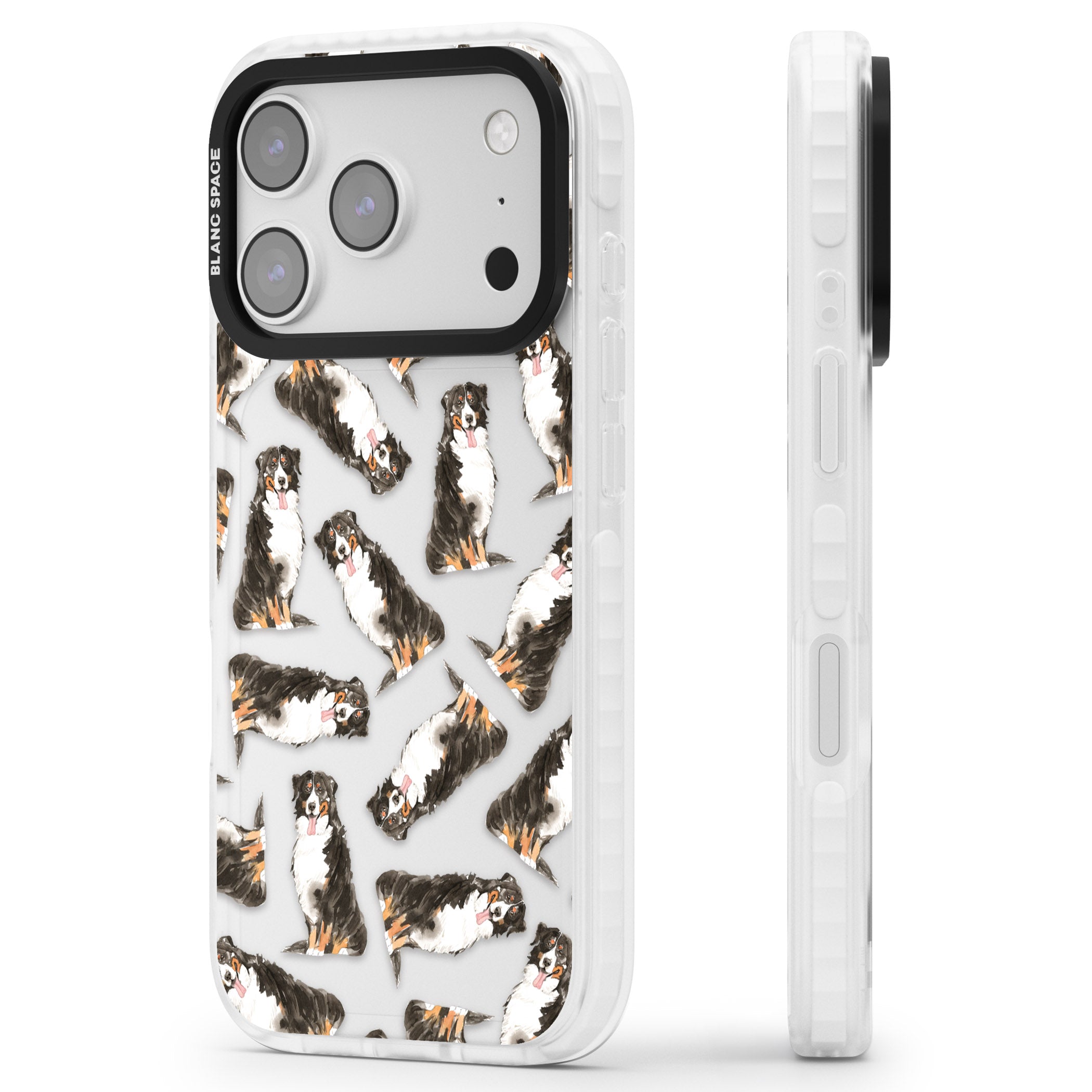 Bernese Mountain Dog Pattern iPhone 17 Pro Impact Clear Phone Case Side Profile