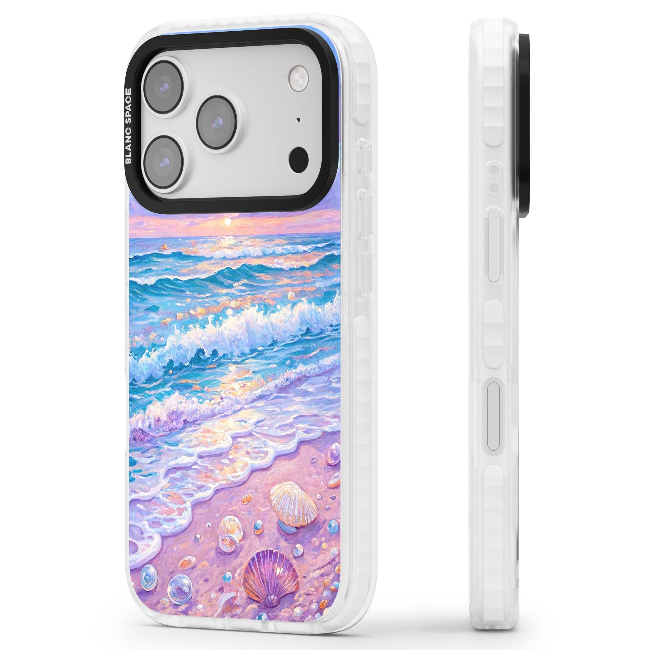Pearl Shore coastal iPhone case featuring pastel painted waves, seashells, and a sunrise sky over a lavender beach. | Black Impact case for iPhone 17 Pro, iPhone 17 Pro Max