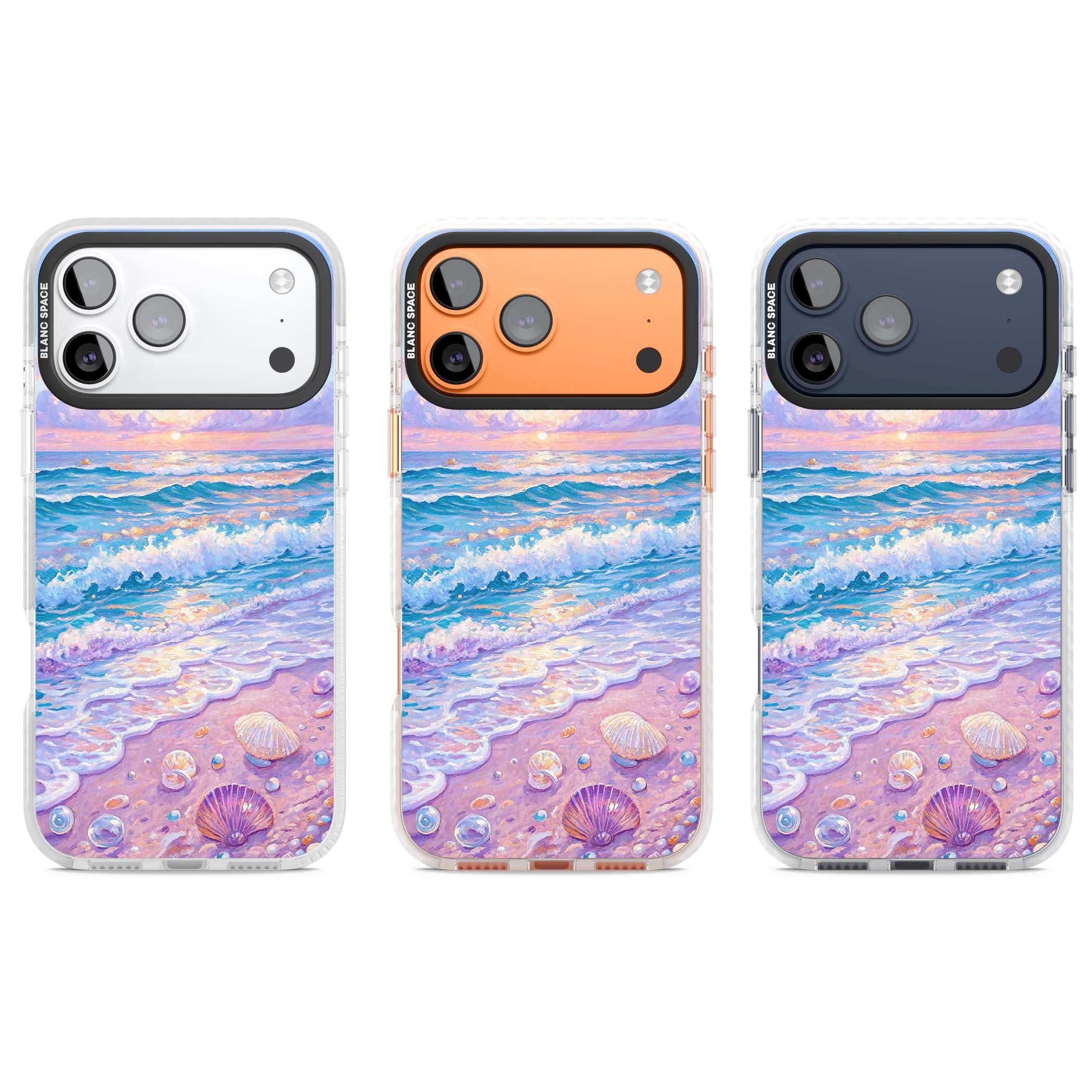 Pearl Shore coastal iPhone case featuring pastel painted waves, seashells, and a sunrise sky over a lavender beach. | Black Impact case for iPhone 17 Pro, iPhone 17 Pro Max