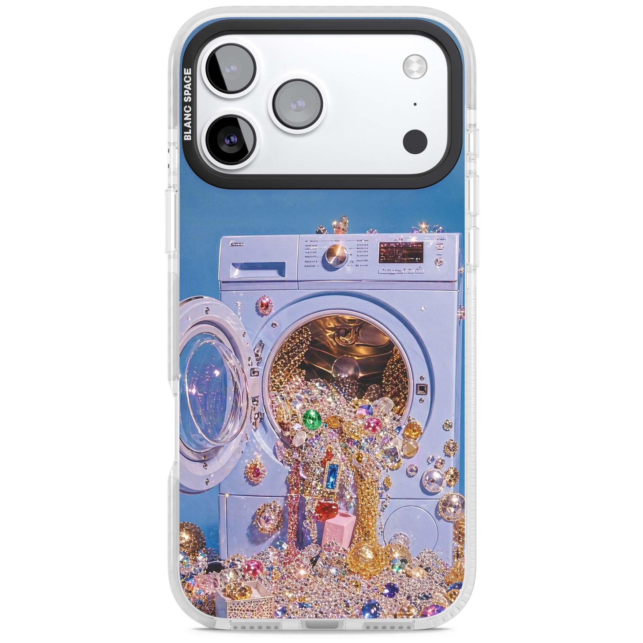 Gem Laundry baddie iPhone case featuring a surreal washing machine overflowing with colourful gemstones and crystals | Black Impact case for iPhone 17 Pro, iPhone 17 Pro Max