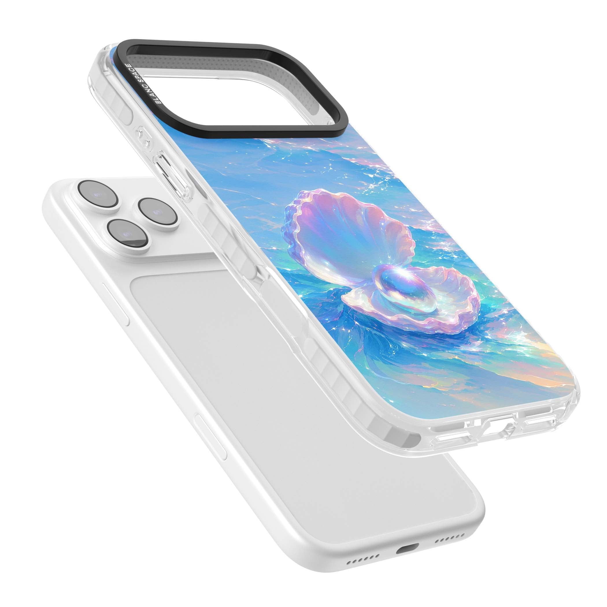 The Pearl Clam mermaidcore iPhone case featuring iridescent seashell, glowing pearl and pastel ocean waves | Black Impact case for iPhone 17 Pro, iPhone 17 Pro Max