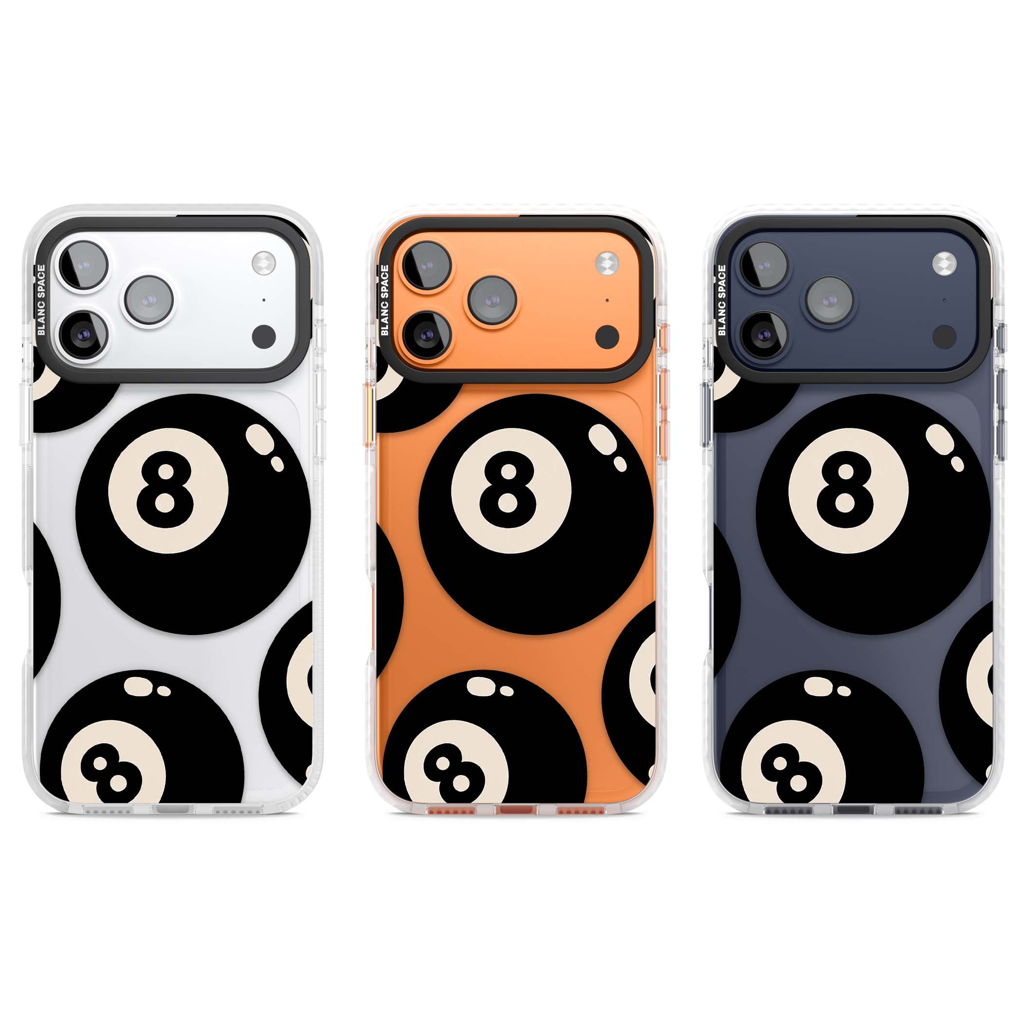 Eights y2k iPhone case featuring scattered black 8 balls with cream highlights on a clear background | Black Impact case for iPhone 17 Pro, iPhone 17 Pro Max