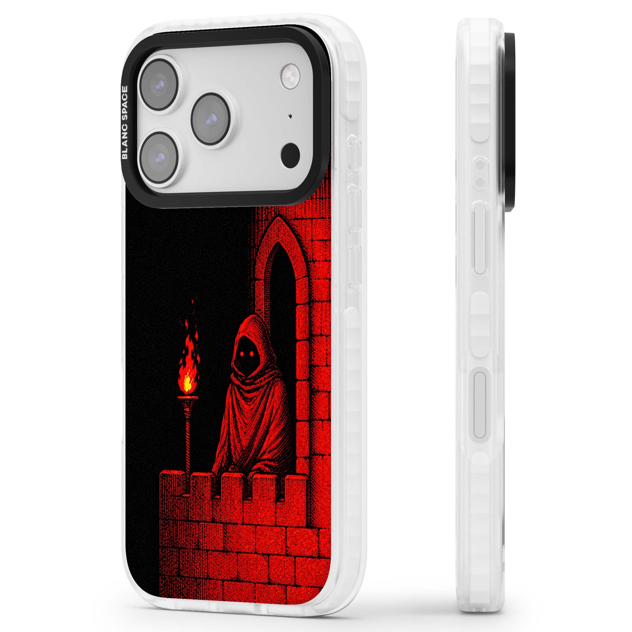 Crimson Crypt gothic iPhone case featuring a hooded reaper, torchlit crypt archway and red halftone horror art | Black Impact case for iPhone 17 Pro, iPhone 17 Pro Max
