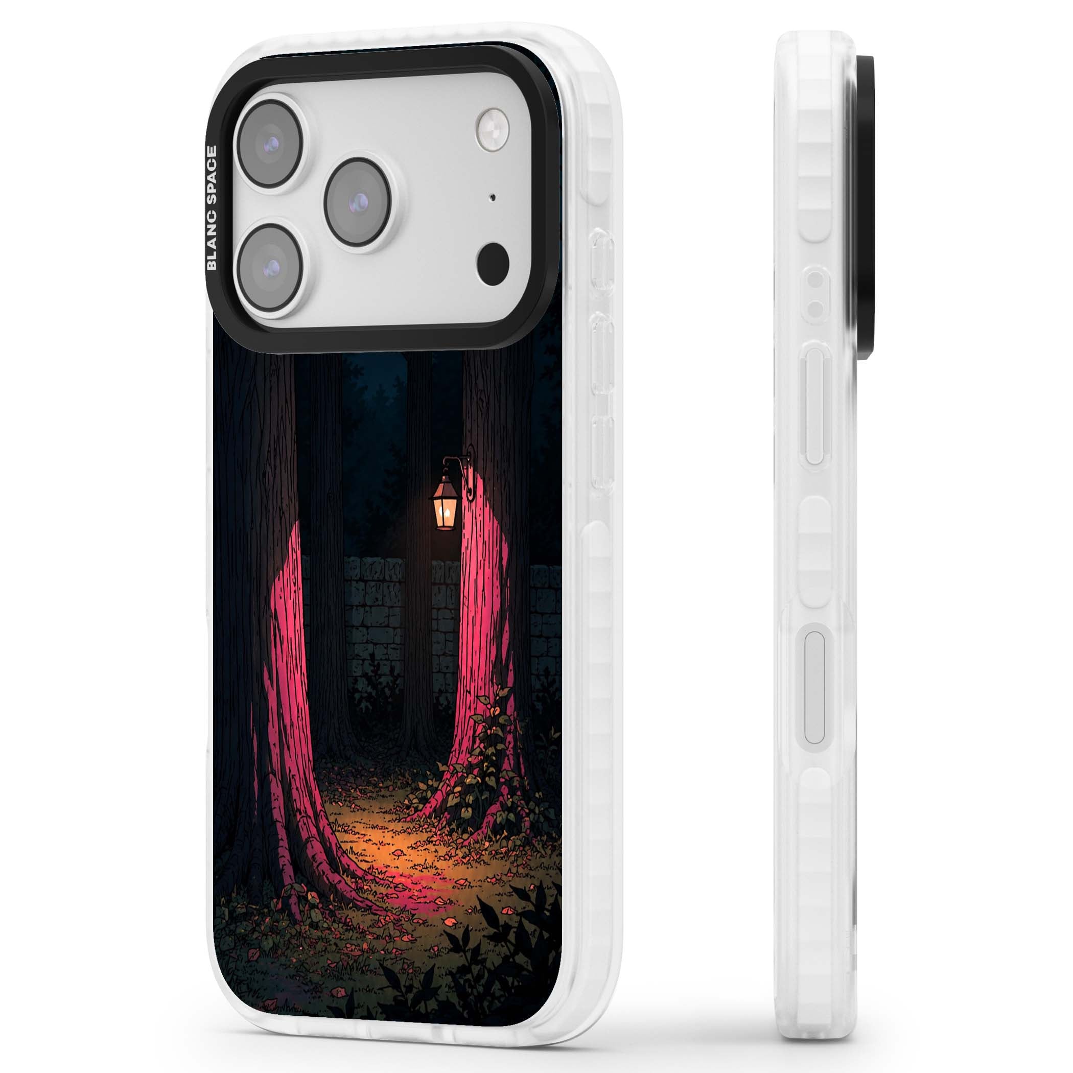 Forest Lantern dark academia iPhone case featuring a moonlit forest, glowing lantern, and stone wall pathway | Black Impact case for iPhone 17 Pro, iPhone 17 Pro Max