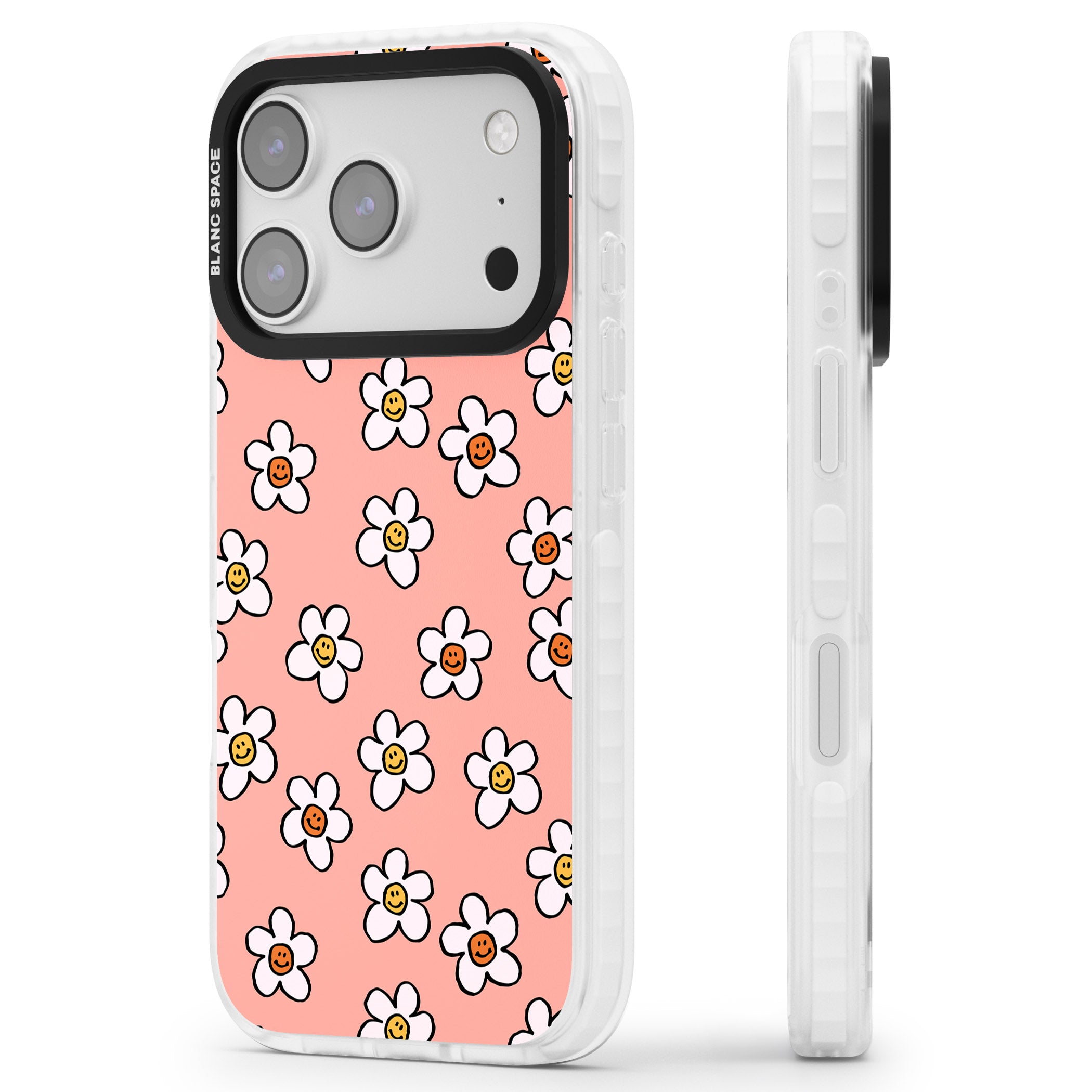 Peachy Daisy Smiles iPhone 17 Pro Max Impact Clear Phone Case Side Profile