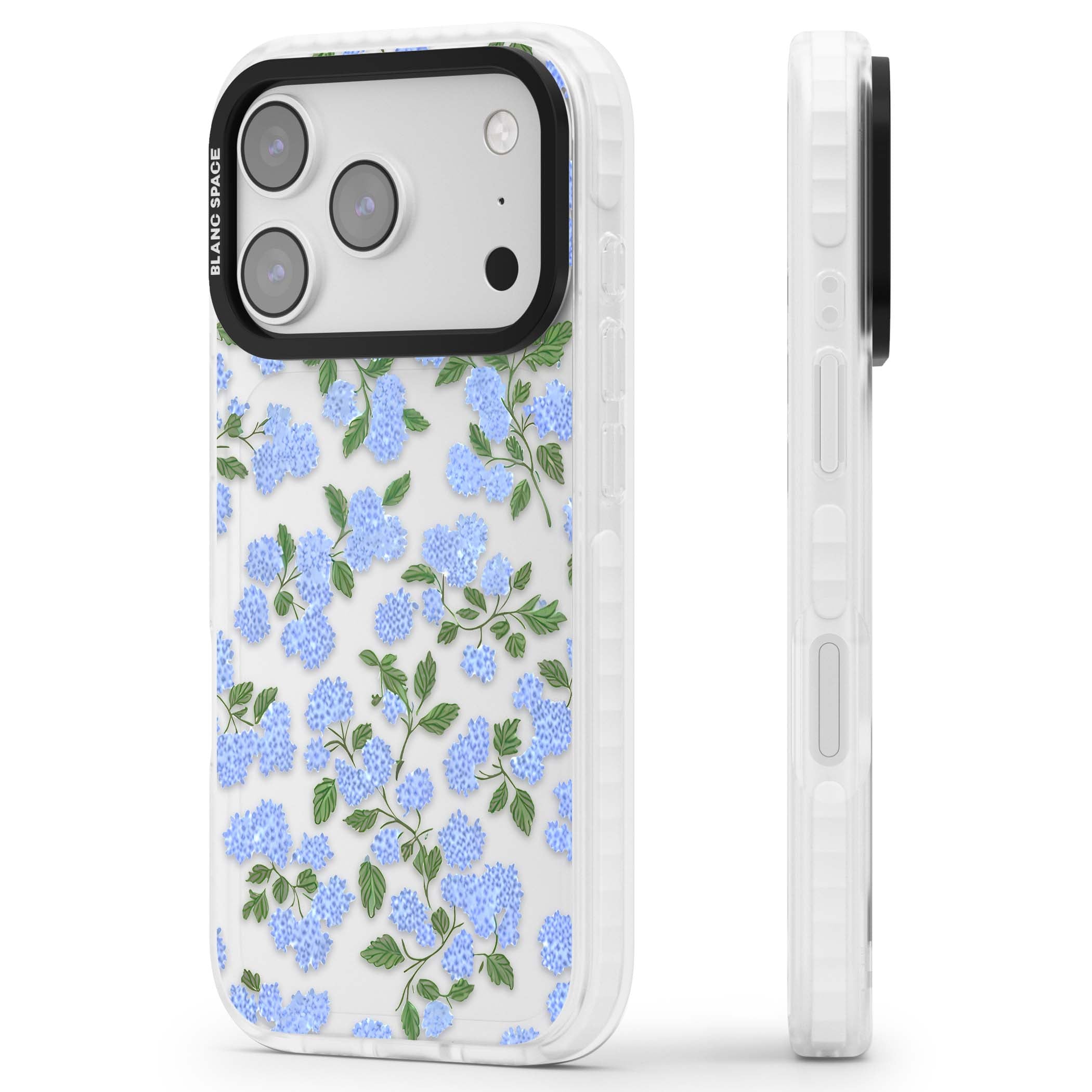 Hydrangea Dreams cottagecore iPhone case featuring soft blue hydrangea flower clusters and green leaves | Black Impact case for iPhone 17 Pro, iPhone 17 Pro Max