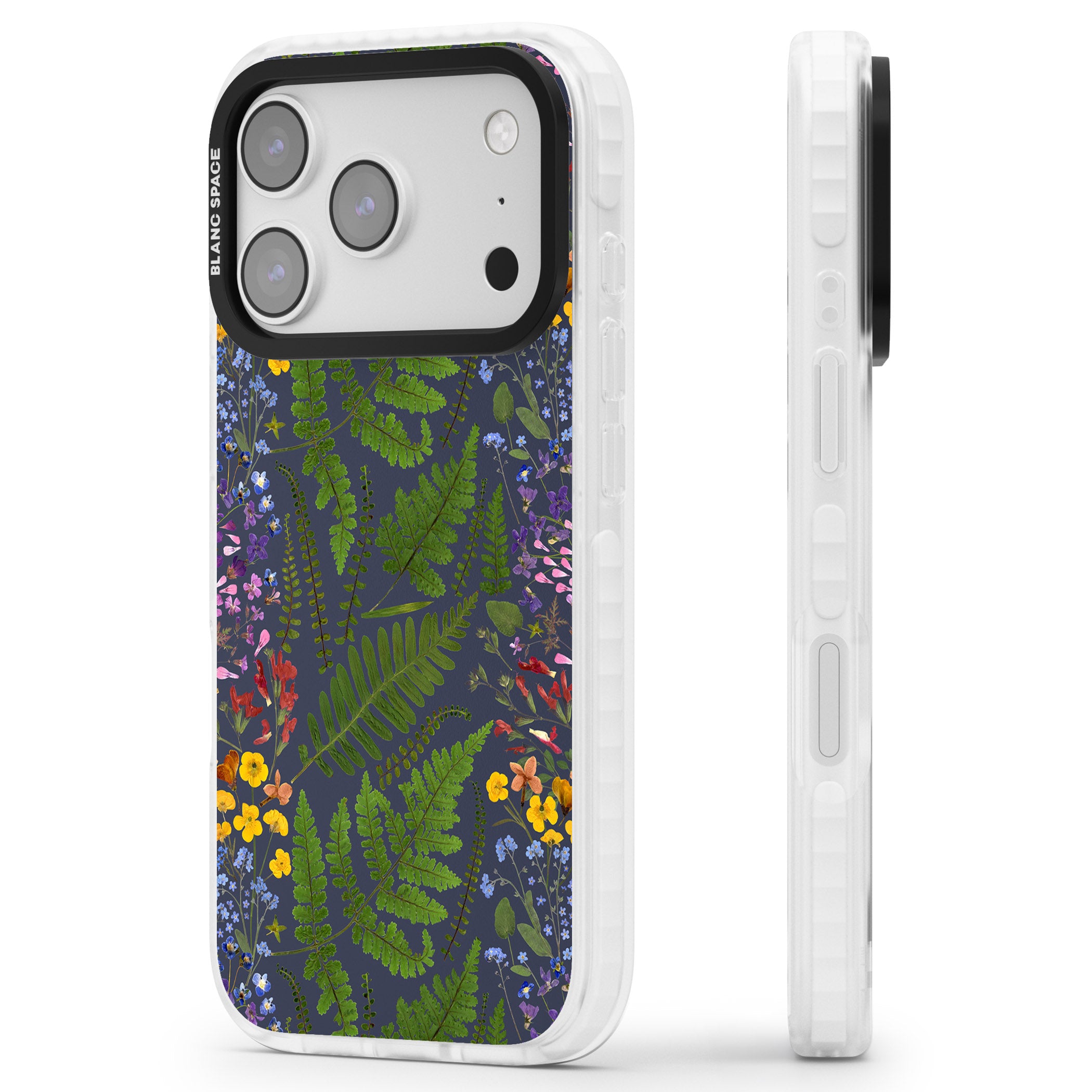 Busy Floral And Fern Design Navy iPhone 17 Pro Impact Clear Phone Case Side Profile