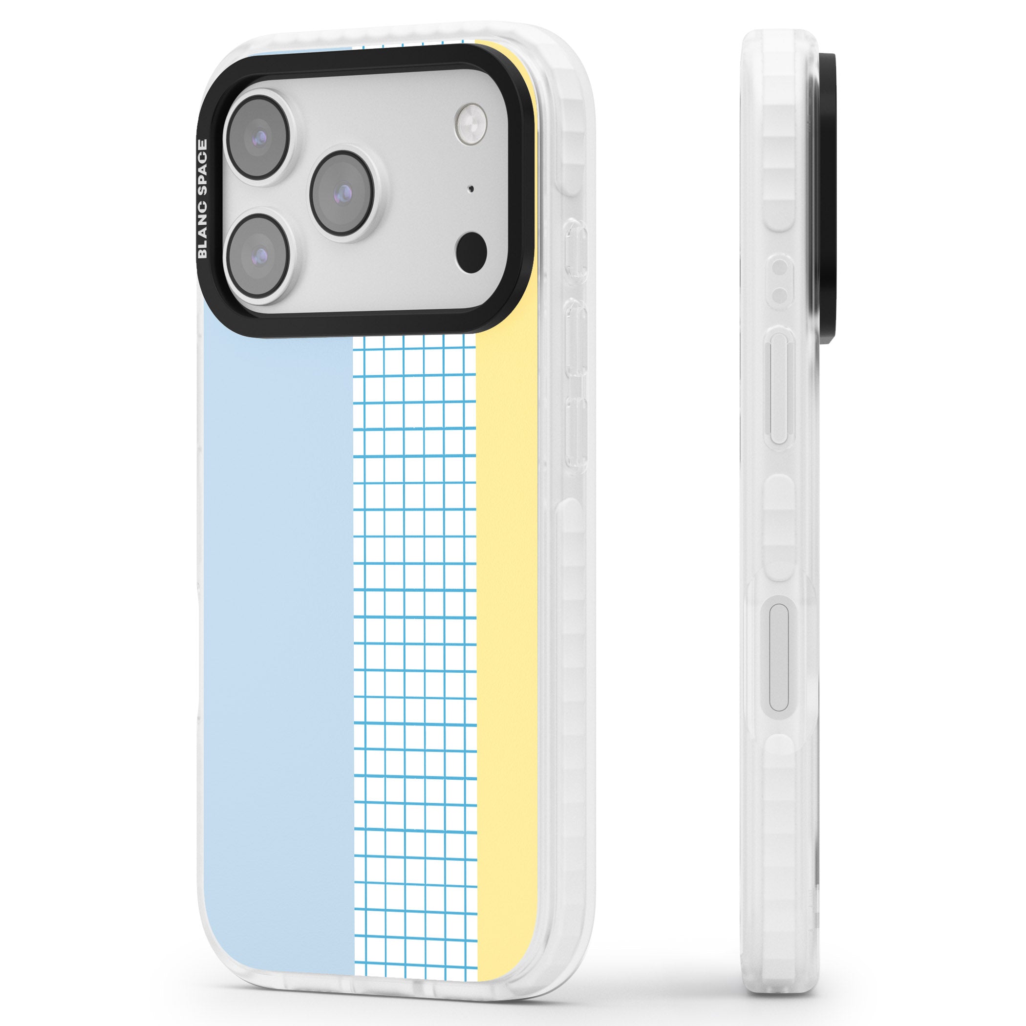 Abstract Grid Blue & Yellow iPhone 17 Pro Impact Clear Phone Case Side Profile