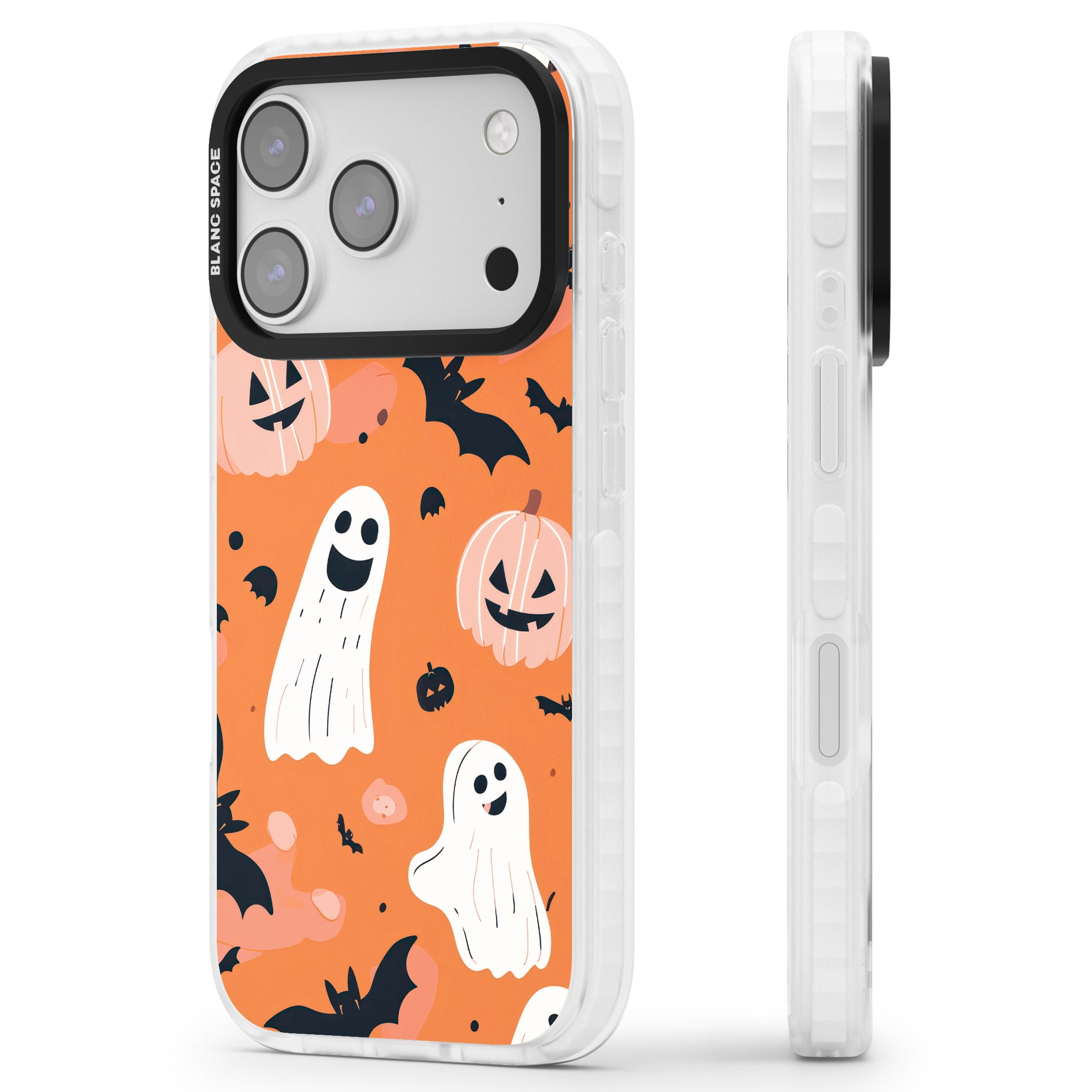 Orange Halloween Pattern iPhone 17 Pro Impact Clear Phone Case Side Profile