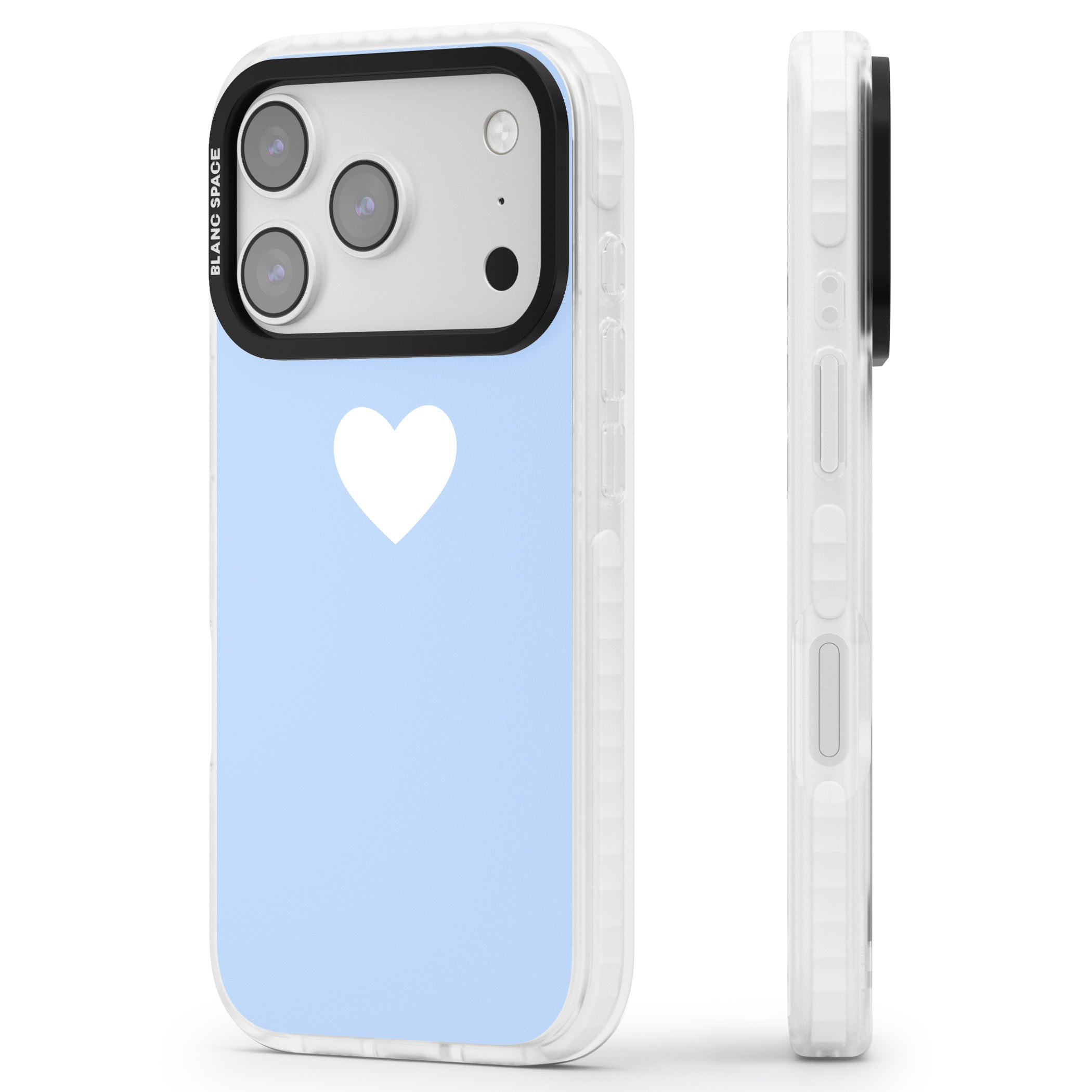 Single Heart Design: White & Baby Blue iPhone 17 Pro Impact Clear Phone Case Side Profile