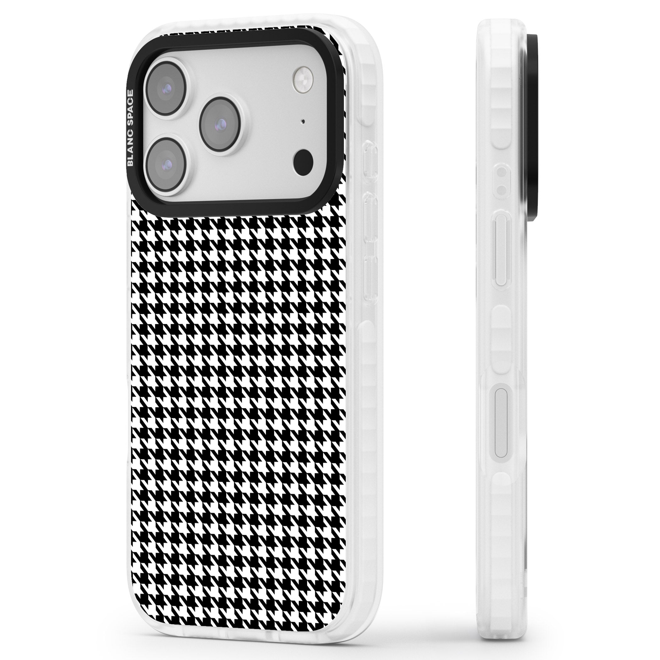 Black Houndstooth Pattern iPhone 17 Pro Impact Clear Phone Case Side Profile