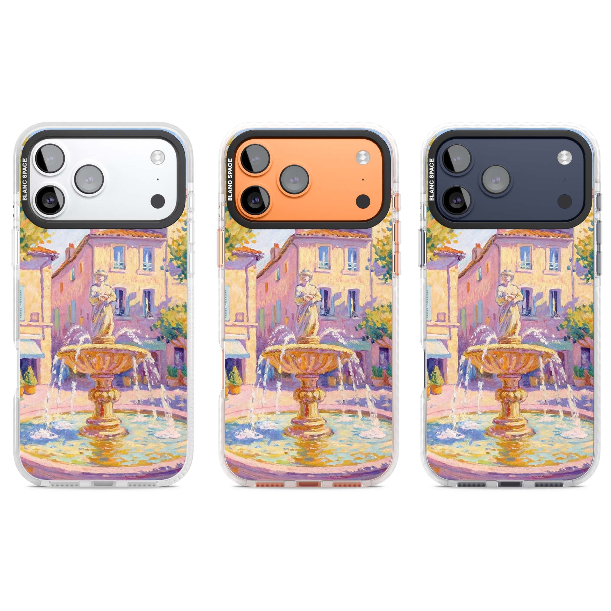 Fountain Square fine art iPhone case featuring an impressionist Provençal fountain, pastel village buildings and summe | Black Impact case for iPhone 17 Pro, iPhone 17 Pro Max