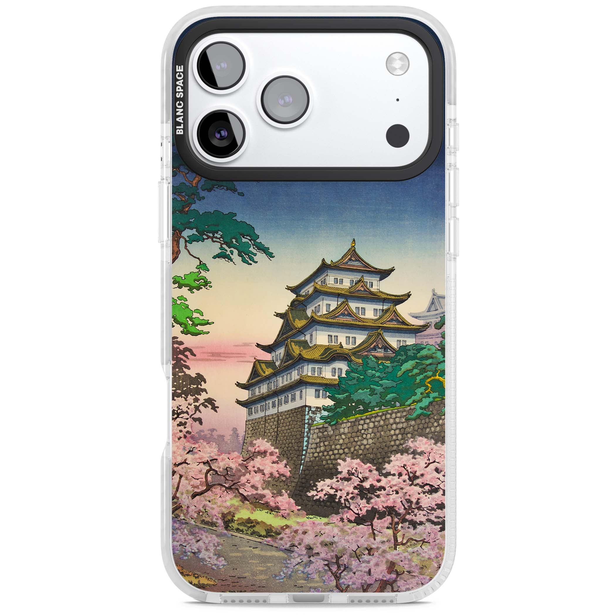 Nagoya Castle Japanese iPhone case featuring a vintage pagoda, twilight sky and cherry blossom trees | Black Impact case for iPhone 17 Pro, iPhone 17 Pro Max