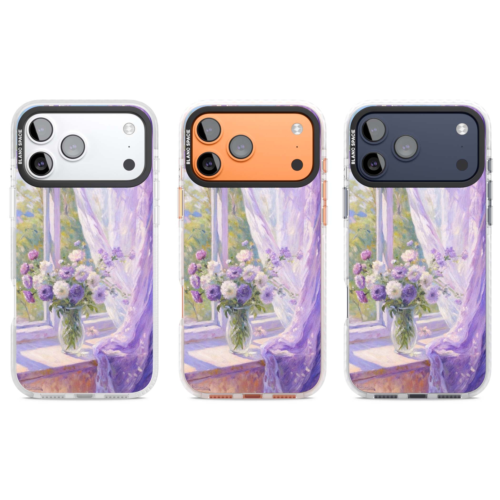 A Provence Morning impressionist art iPhone case featuring a vase of purple flowers, sunlit window and sheer curt | Black Impact case for iPhone 17 Pro, iPhone 17 Pro Max