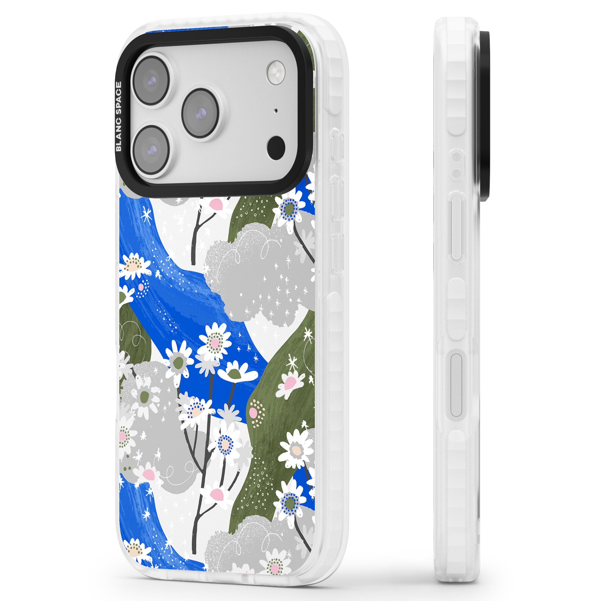 Blue & Grey Daisies Pattern iPhone 17 Pro Impact Pro Clear Phone Case Side Profile