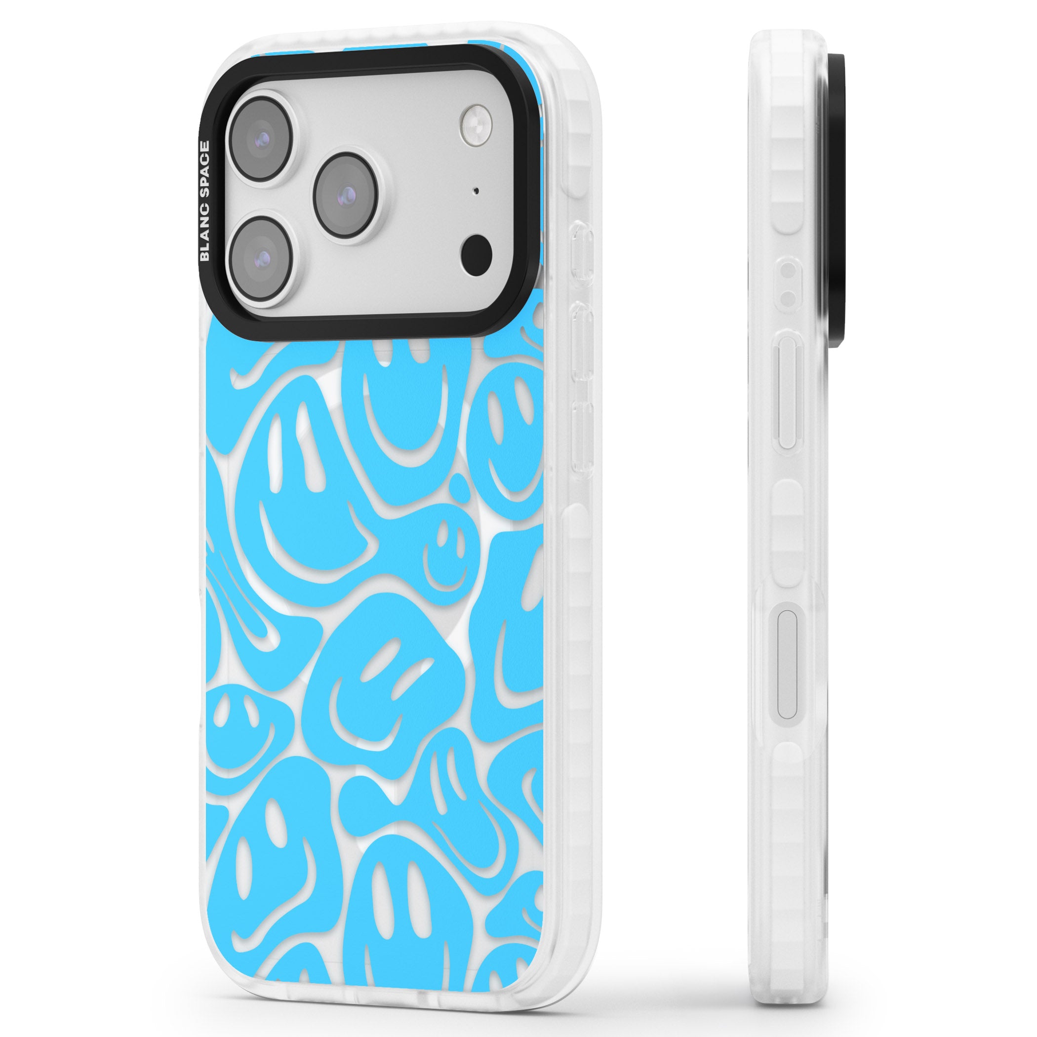 Blue Acid Faces iPhone 17 Pro Impact Pro Clear Phone Case Side Profile