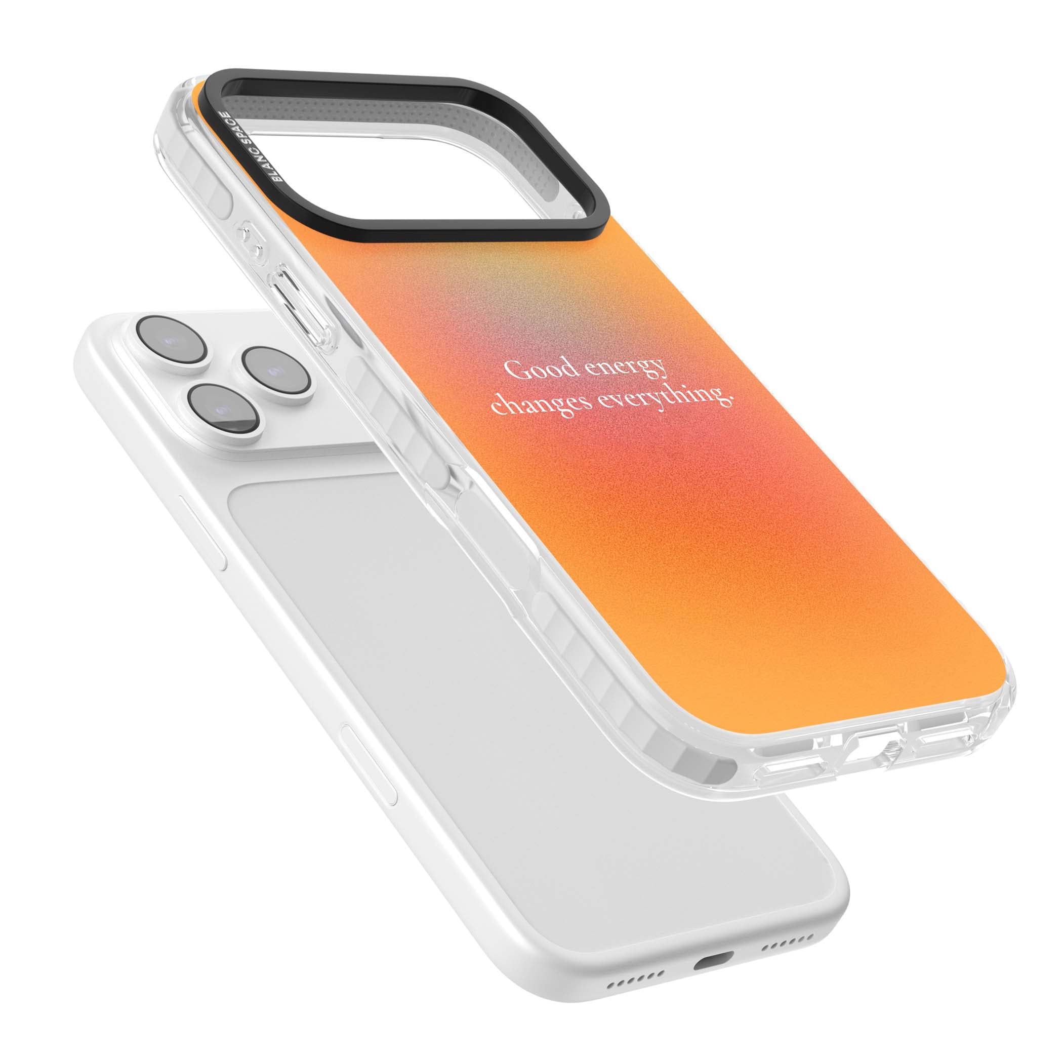 Good Energy quote iPhone case featuring an orange and pink aura gradient with white serif affirmation text | Impact Magsafe case for iPhone 17 Pro, iPhone 17 Pro Max