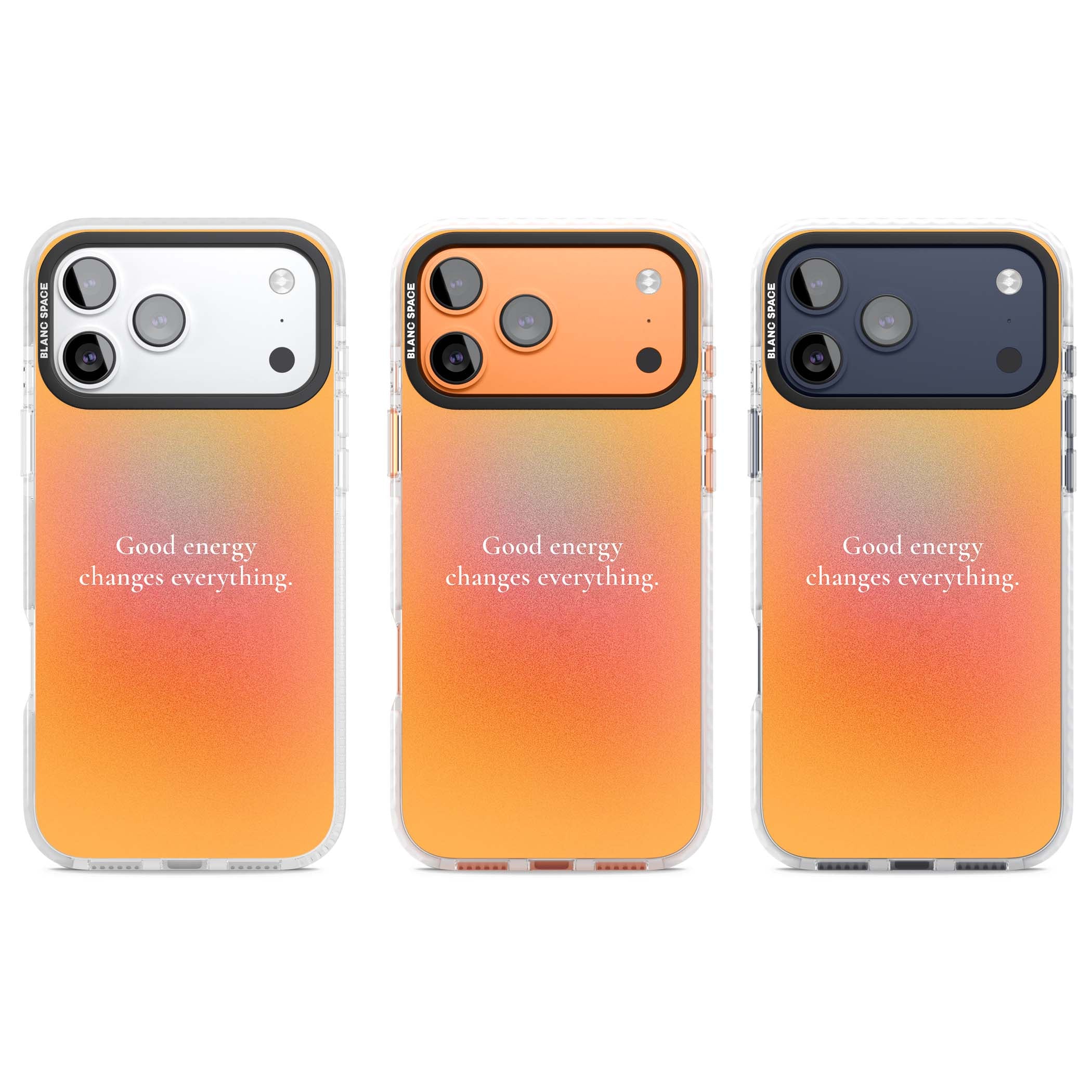 Good Energy quote iPhone case featuring an orange and pink aura gradient with white serif affirmation text | Impact Magsafe case for iPhone 17 Pro, iPhone 17 Pro Max