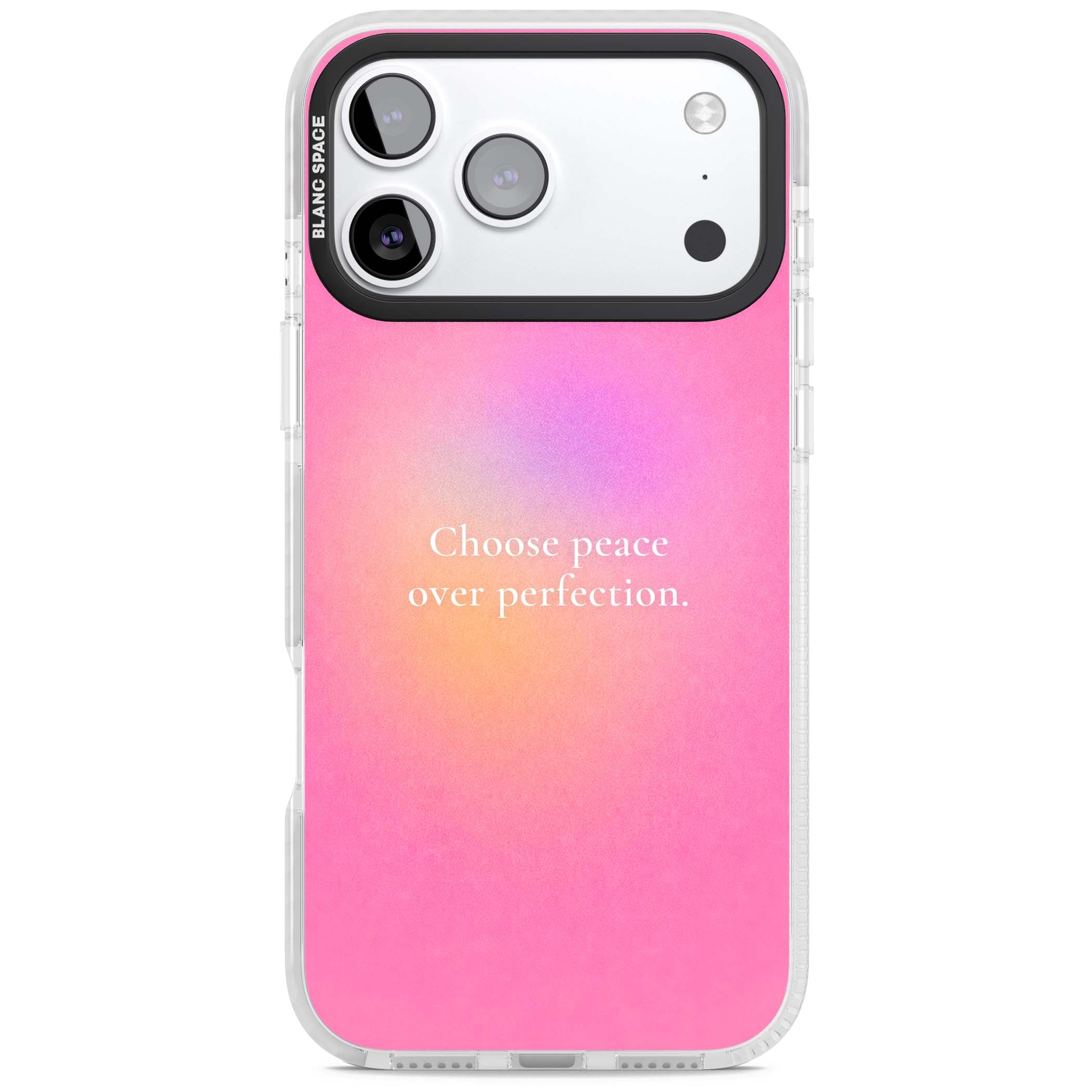 Peace Over Perfection quote iPhone case featuring a dreamy pink aura gradient and delicate white affirmation text | Impact Magsafe case for iPhone 17 Pro, iPhone 17 Pro Max