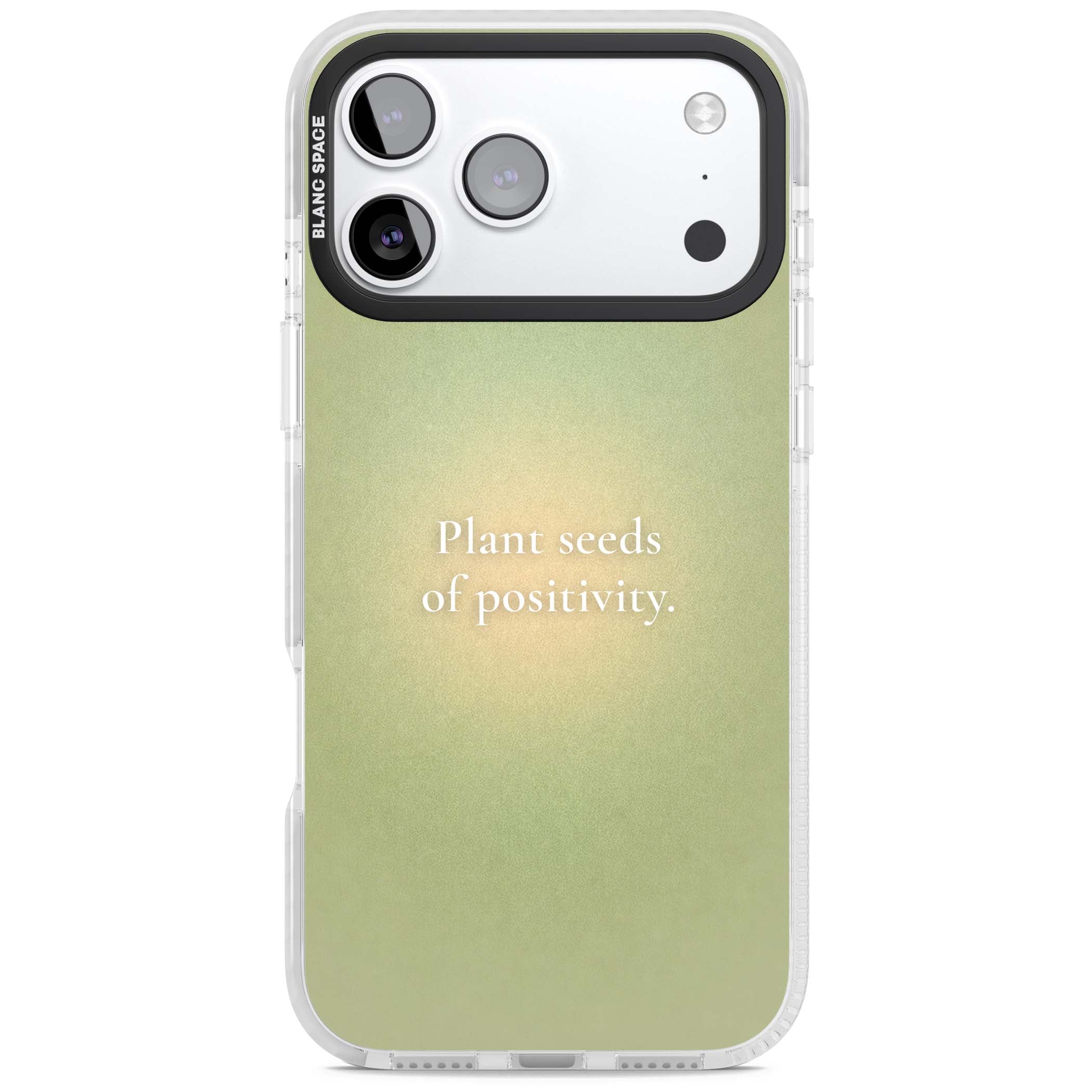 Seeds of Positivity quote iPhone case featuring a sage green aura gradient and golden glow affirmation | Impact Magsafe case for iPhone 17 Pro, iPhone 17 Pro Max
