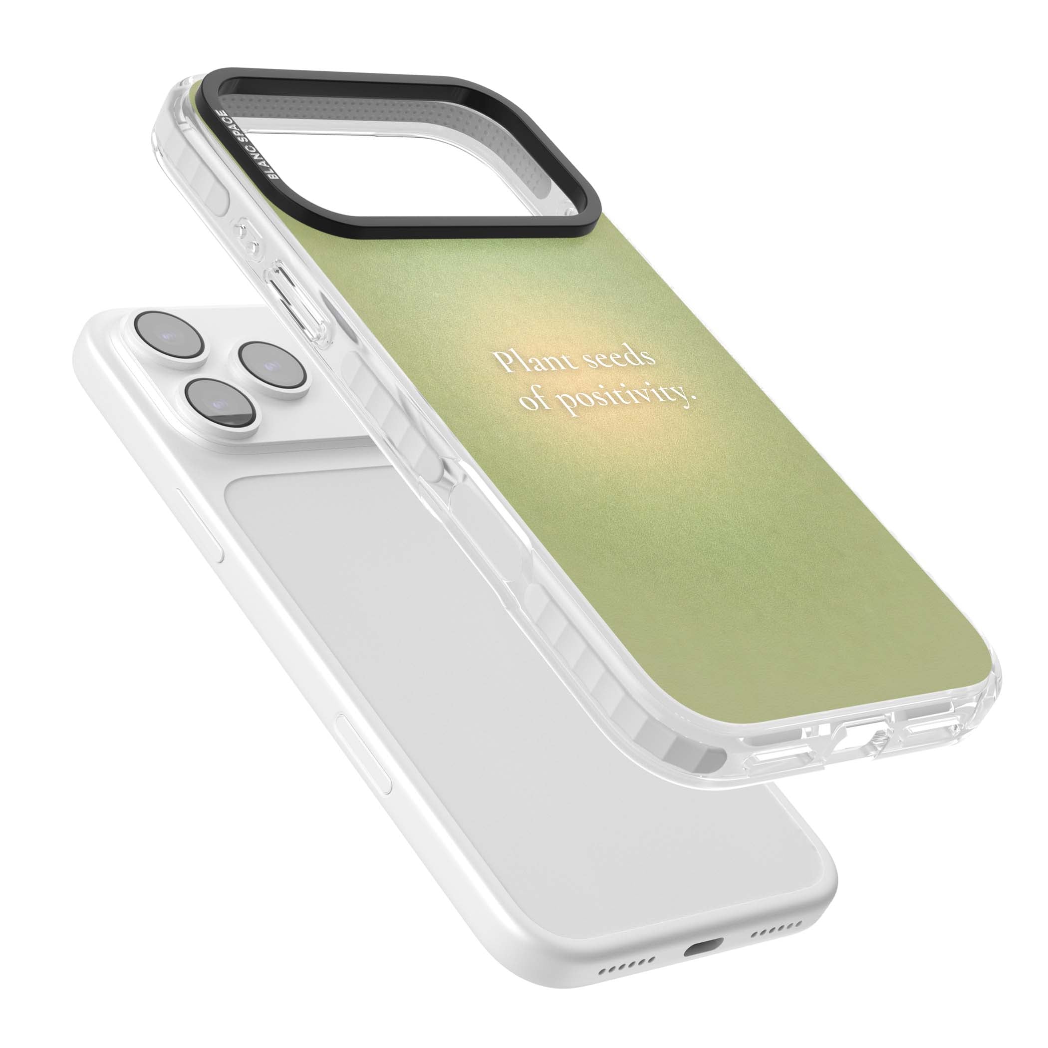 Seeds of Positivity quote iPhone case featuring a sage green aura gradient and golden glow affirmation | Impact Magsafe case for iPhone 17 Pro, iPhone 17 Pro Max