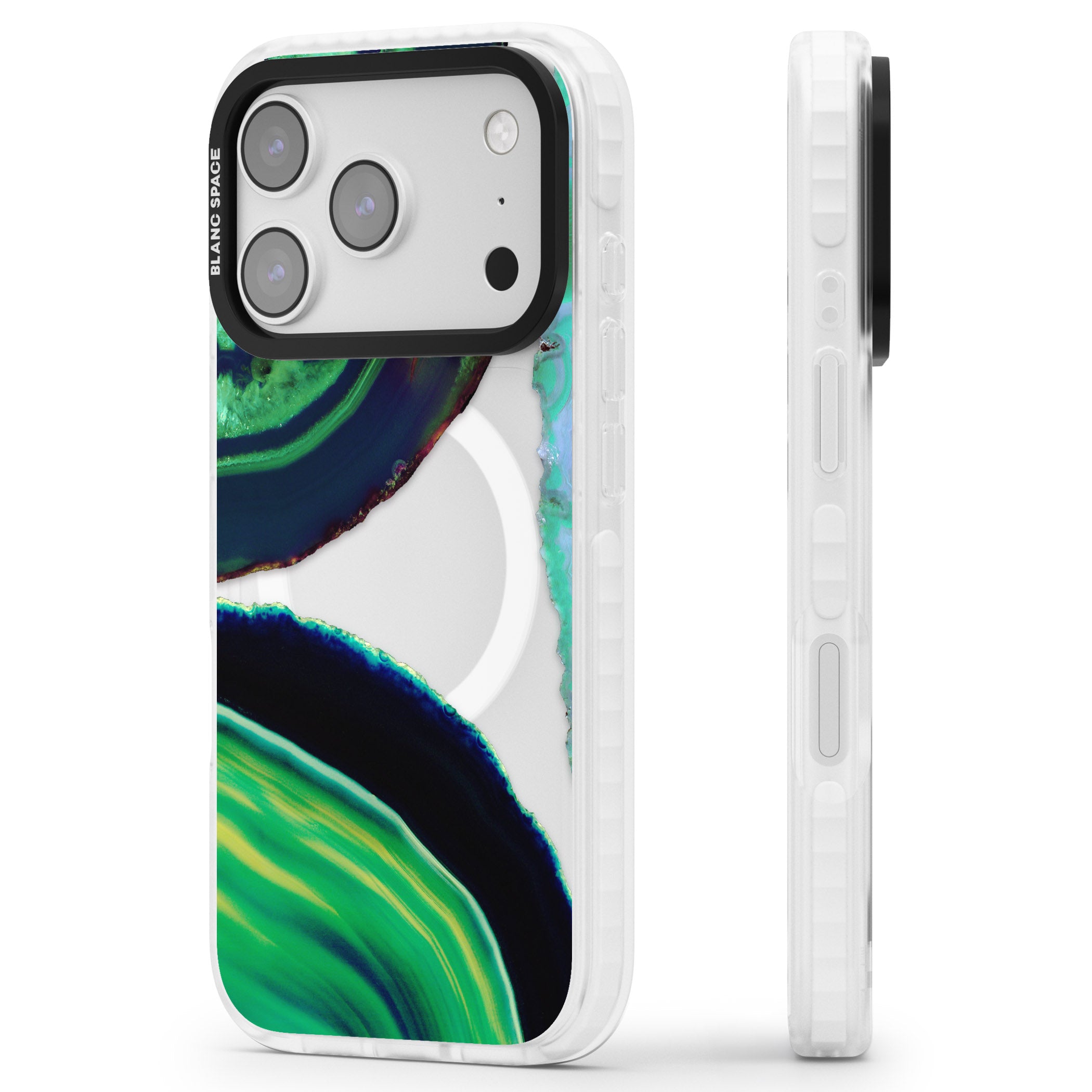 Green Geode Glow iPhone 17 Pro Impact Pro Clear Phone Case Side Profile