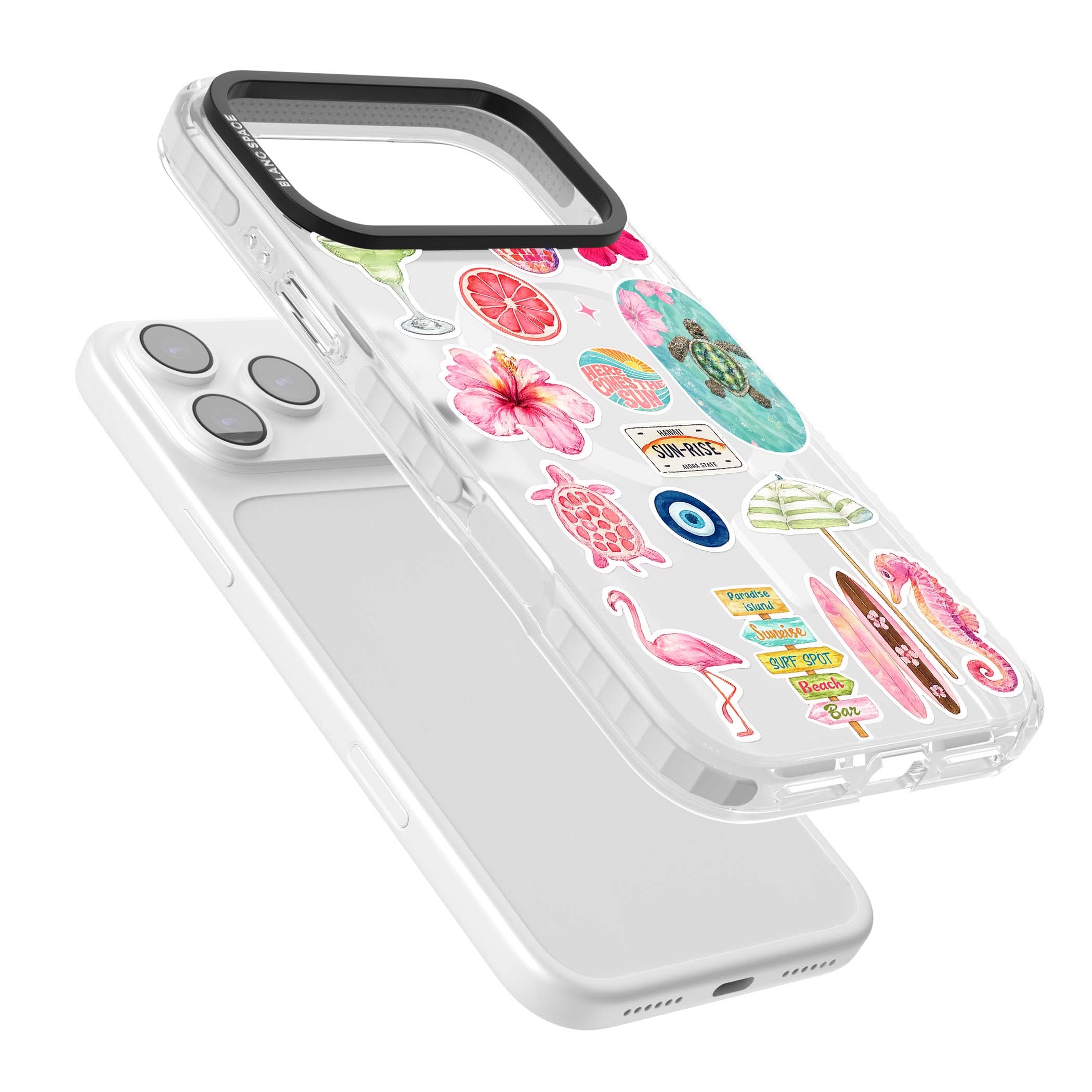 Aloha Sticker Mix tropical summer iPhone case featuring pink hibiscus, sea turtles, flamingo and beach umbrella stickers | Impact Magsafe case for iPhone 17 Pro, iPhone 17 Pro Max