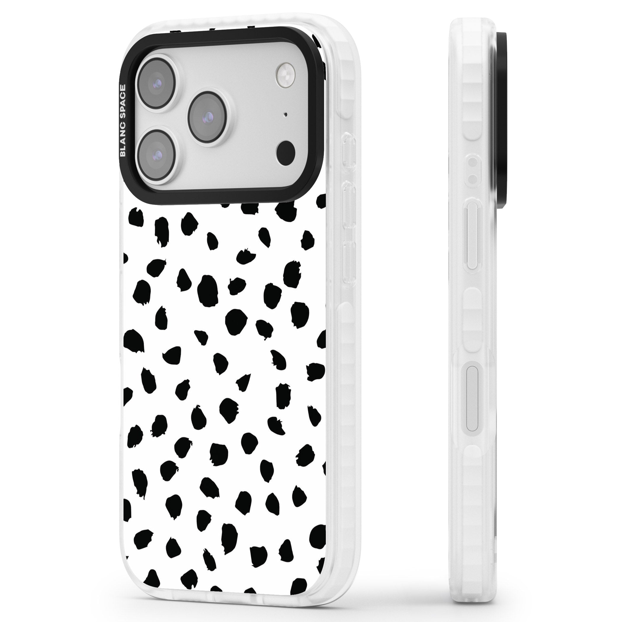 White Dalmatian Print iPhone 17 Pro Impact Pro Clear Phone Case Side Profile