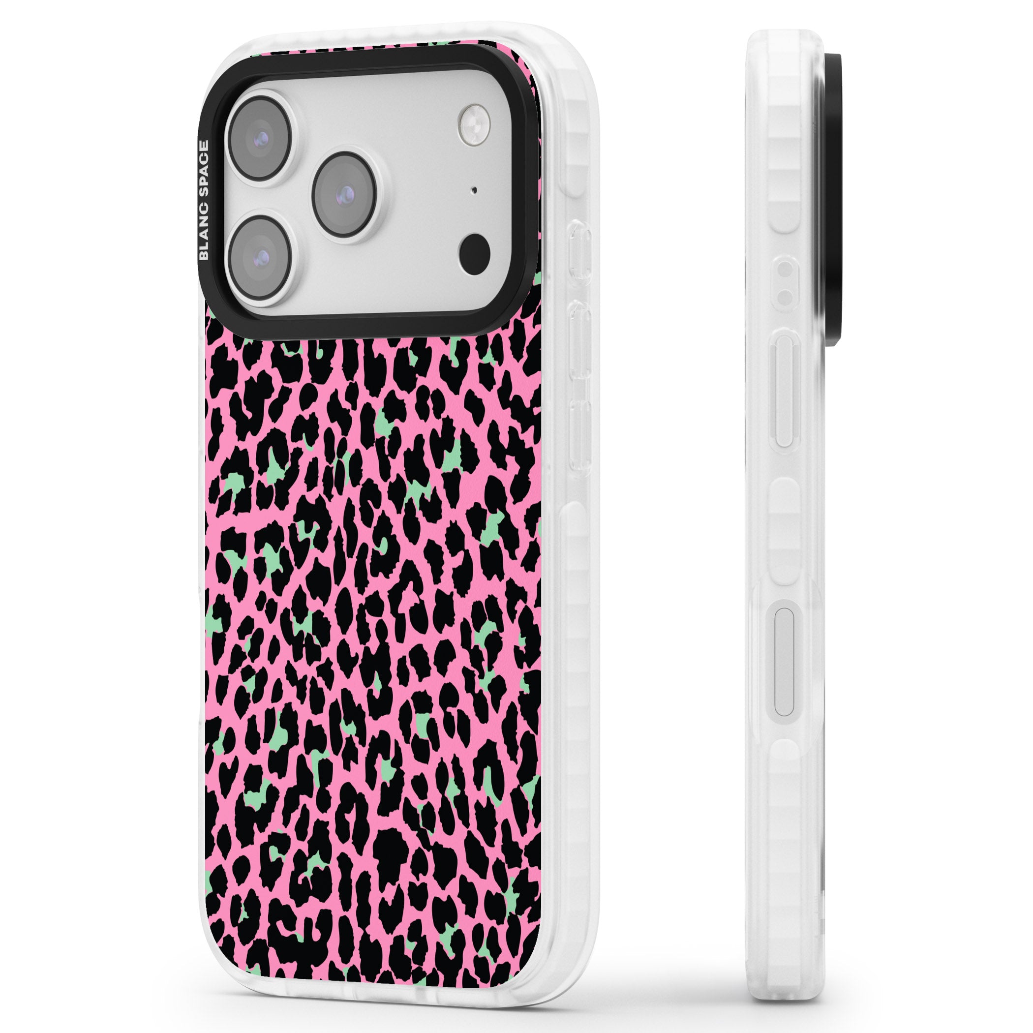 Pink & Green Leopard iPhone 17 Pro Impact Pro Clear Phone Case Side Profile