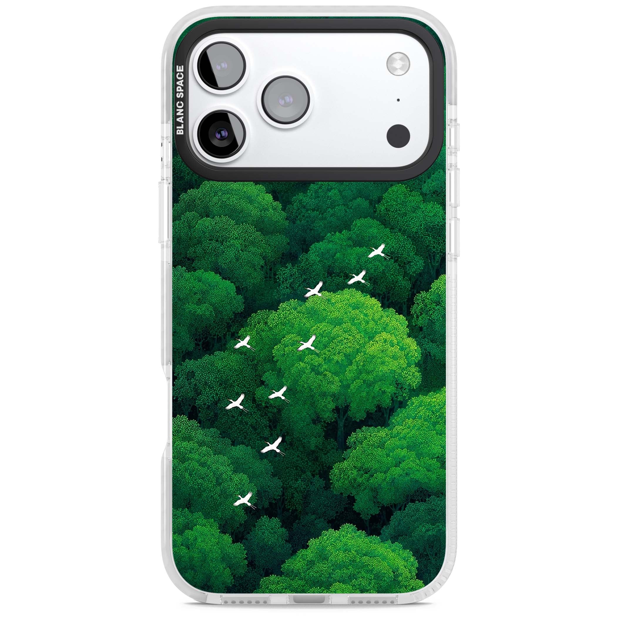 Grove Migration forest iPhone case featuring white cranes flying over lush green treetop canopy | Impact Magsafe case for iPhone 17 Pro, iPhone 17 Pro Max