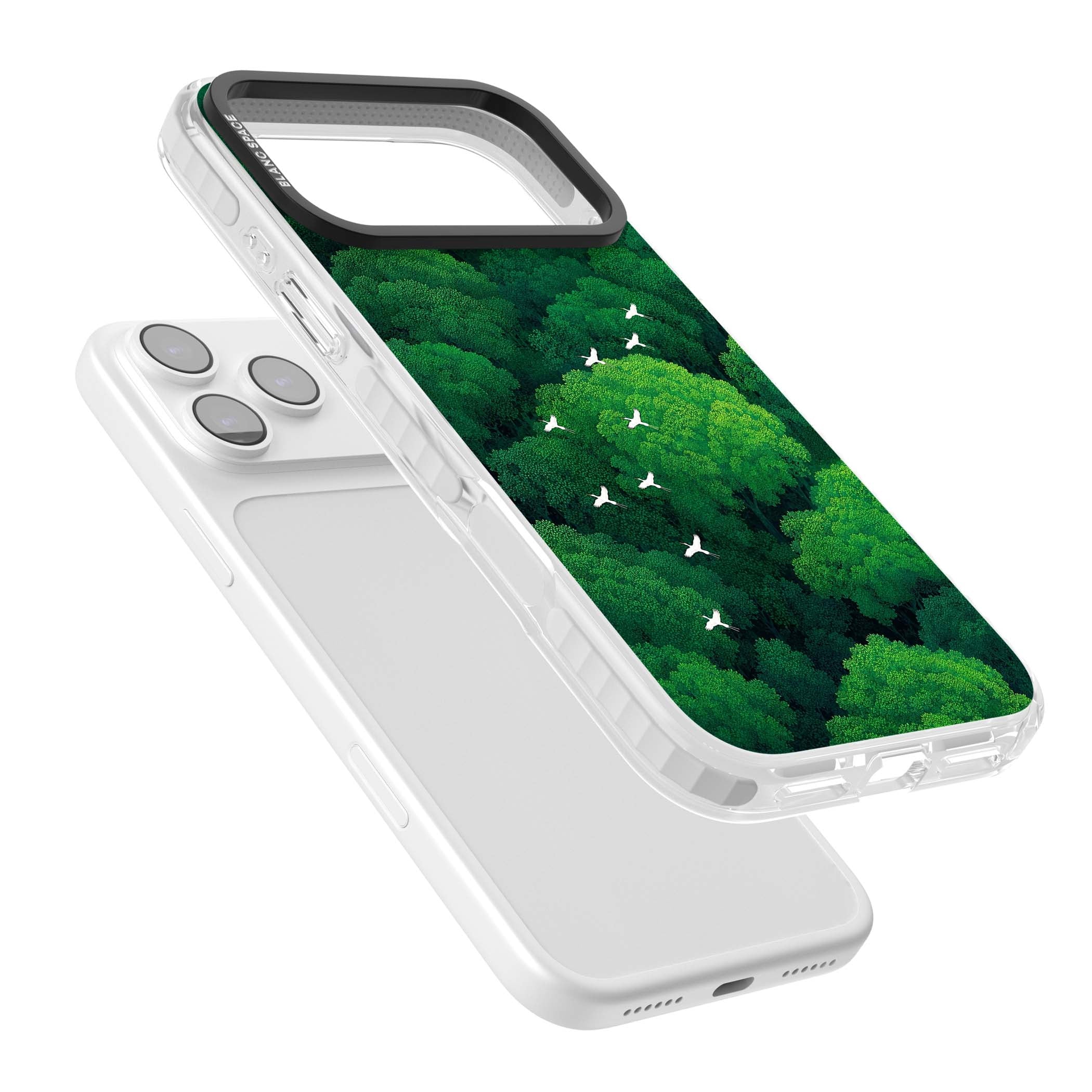 Grove Migration forest iPhone case featuring white cranes flying over lush green treetop canopy | Impact Magsafe case for iPhone 17 Pro, iPhone 17 Pro Max