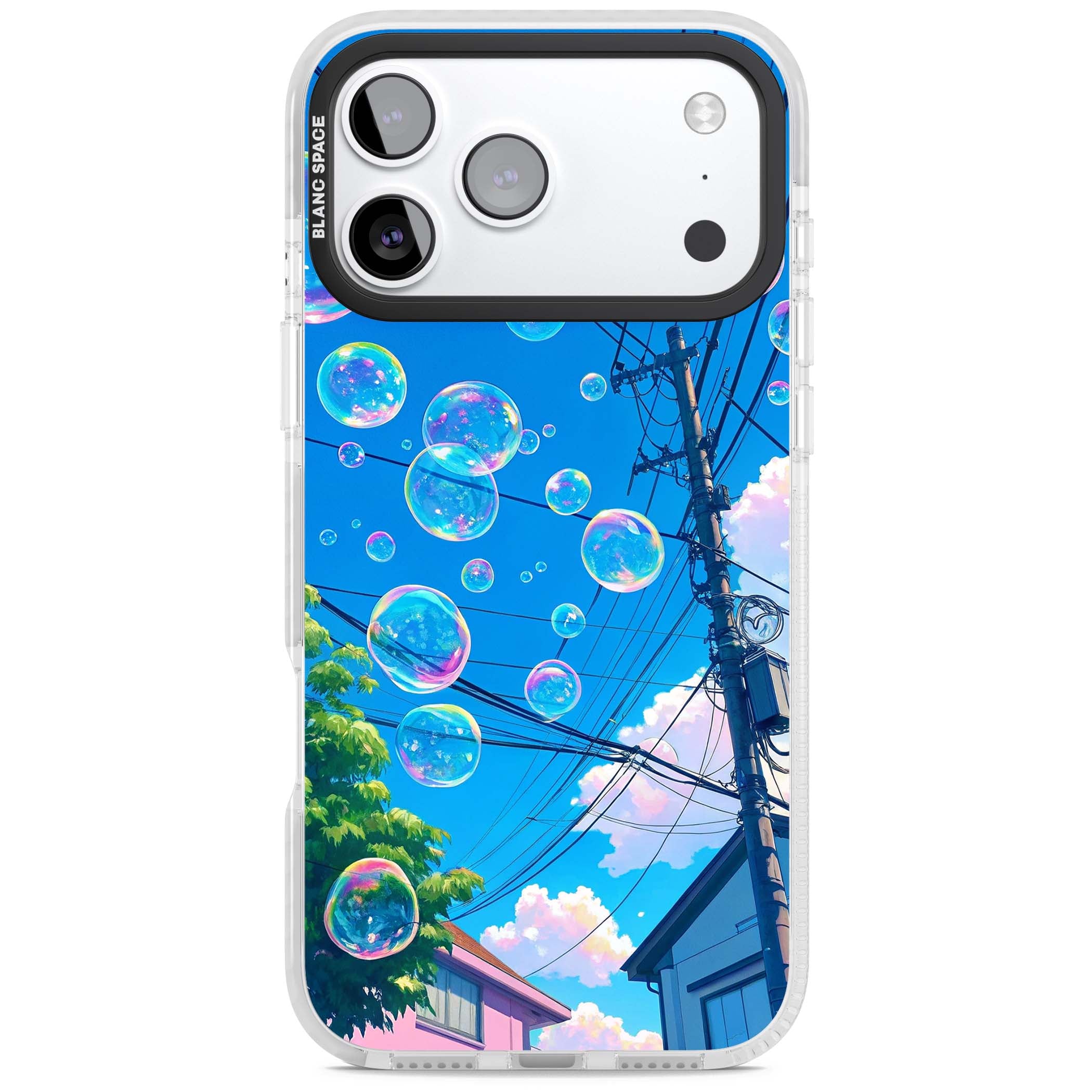 Suburban Bubbles anime iPhone case featuring iridescent soap bubbles, blue sky and Japanese telephone wires | Impact Magsafe case for iPhone 17 Pro, iPhone 17 Pro Max