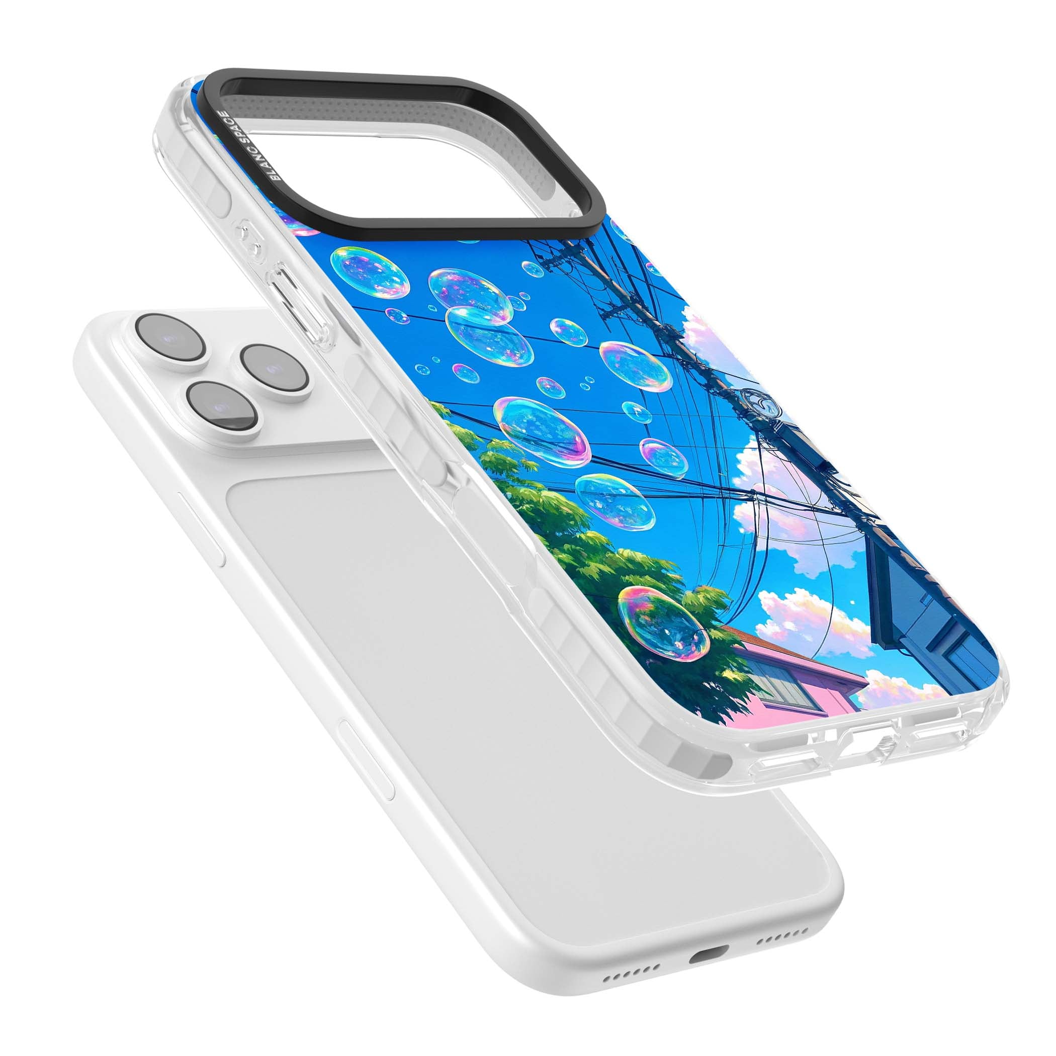 Suburban Bubbles anime iPhone case featuring iridescent soap bubbles, blue sky and Japanese telephone wires | Impact Magsafe case for iPhone 17 Pro, iPhone 17 Pro Max