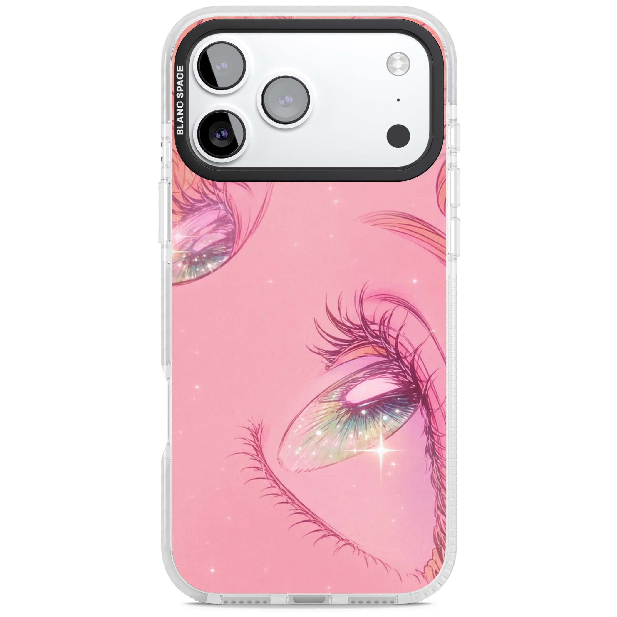 Pink Ethereal Gaze anime iPhone case featuring sparkling manga eyes, coral lashes and dreamy peach sky | Impact Magsafe case for iPhone 17 Pro, iPhone 17 Pro Max