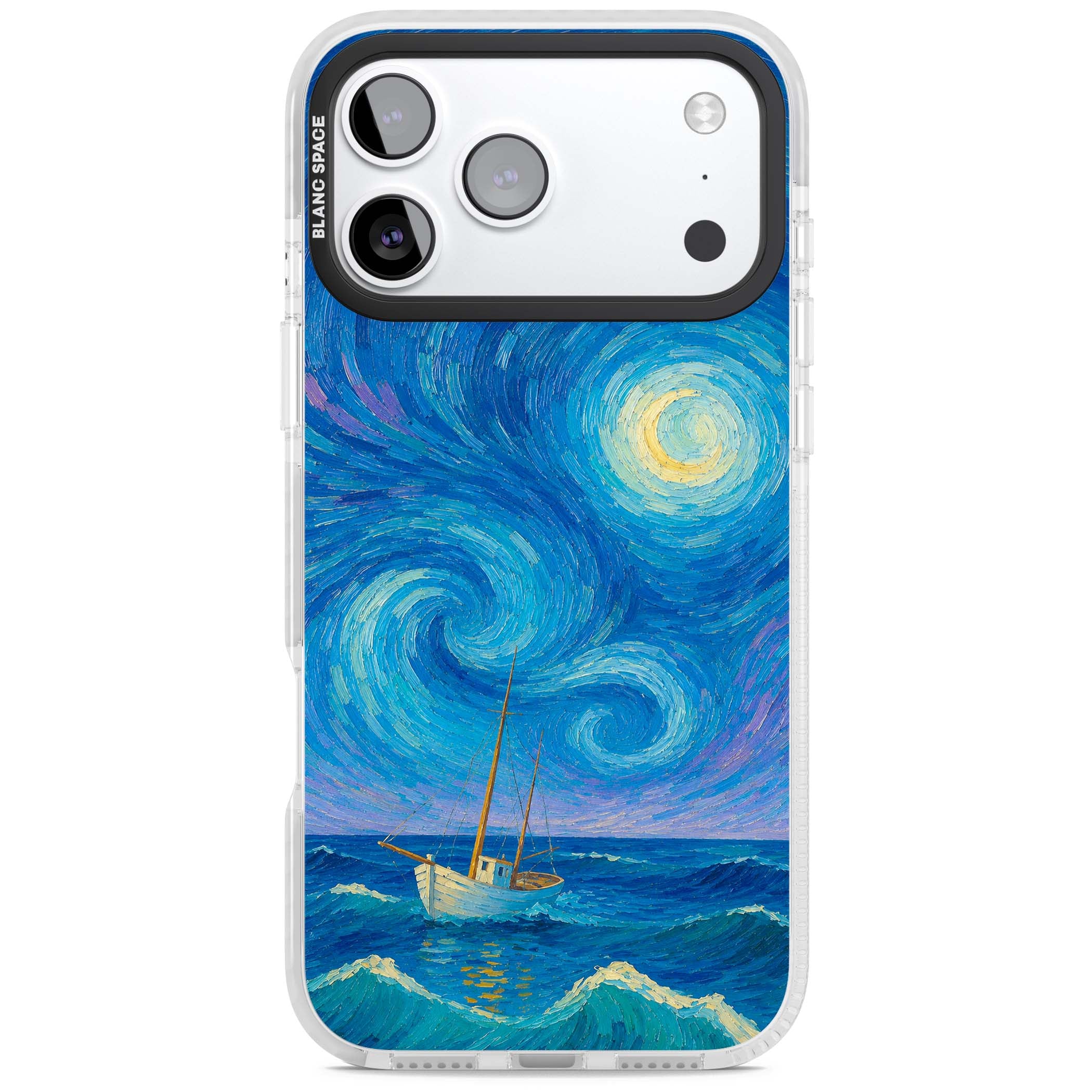 Moonlit Tide Van Gogh art iPhone case featuring swirling starry night sky, glowing moon and lone sailing boat at sea | Impact Magsafe case for iPhone 17 Pro, iPhone 17 Pro Max