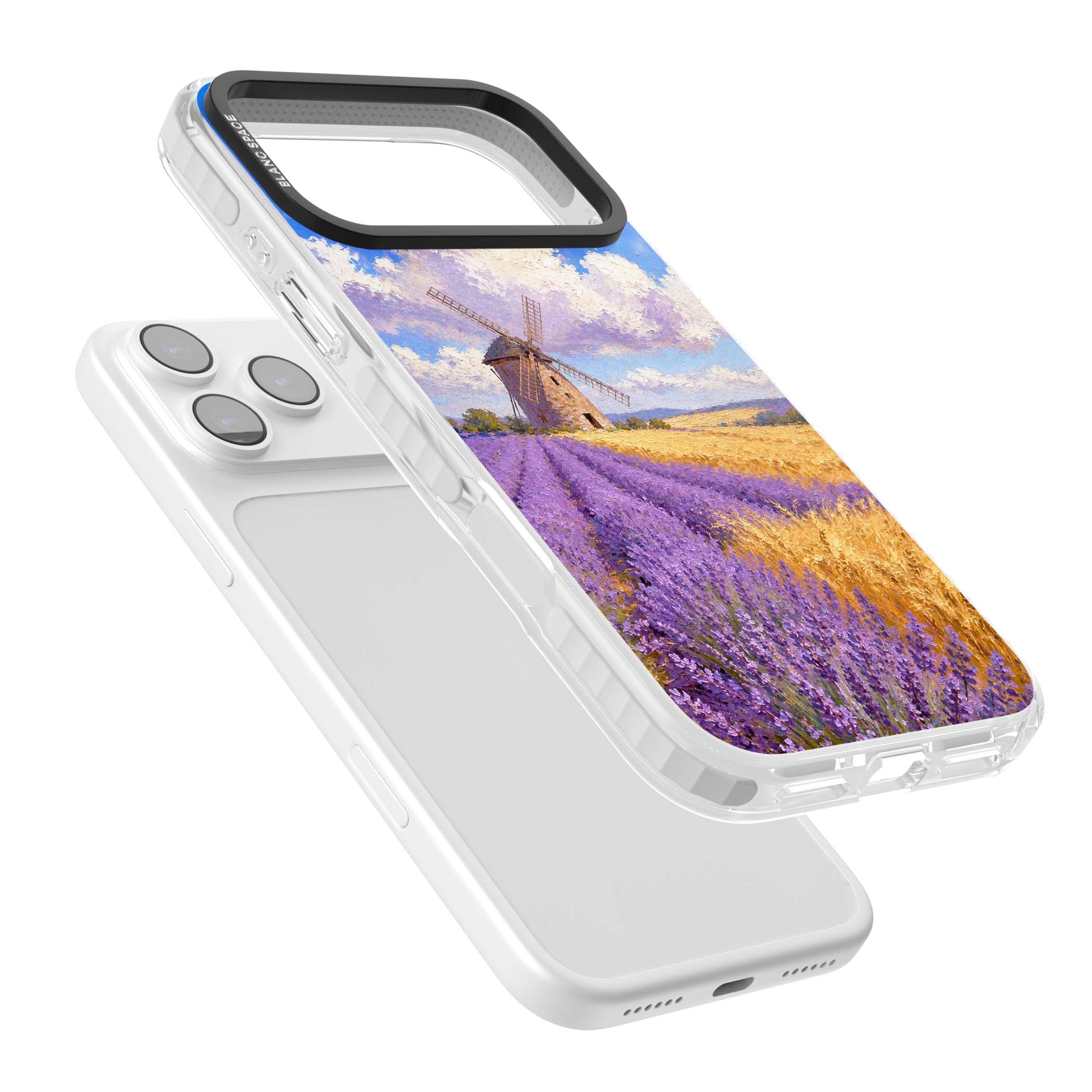 Lavender Mill cottagecore iPhone case featuring a French windmill, lavender field and golden wheat oil painting | Impact Magsafe case for iPhone 17 Pro, iPhone 17 Pro Max