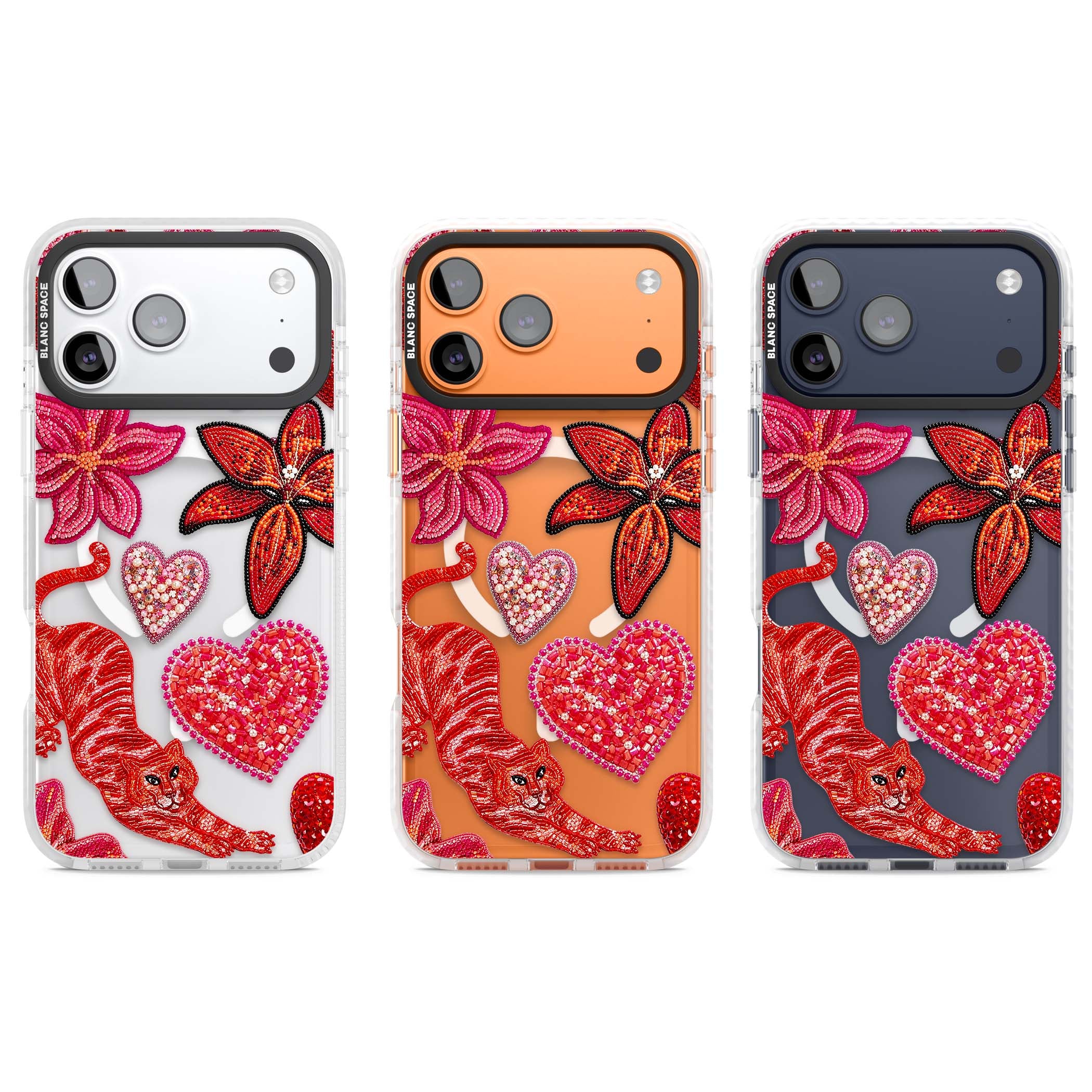 Beaded Boho floral iPhone case featuring beaded red lilies, a stitched tiger, and pearl-encrusted hearts on clear | Impact Magsafe case for iPhone 17 Pro, iPhone 17 Pro Max