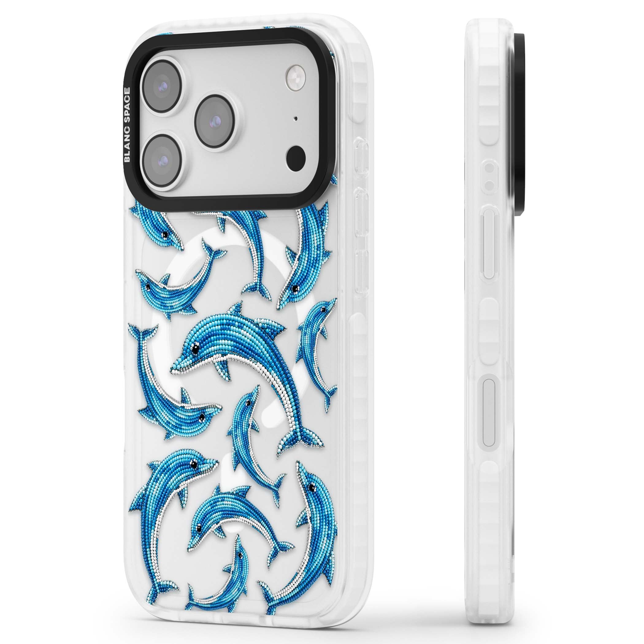 Beaded Dolphins coastal iPhone case featuring beaded dolphins in blue and white swimming across a clear background | Impact Magsafe case for iPhone 17 Pro, iPhone 17 Pro Max