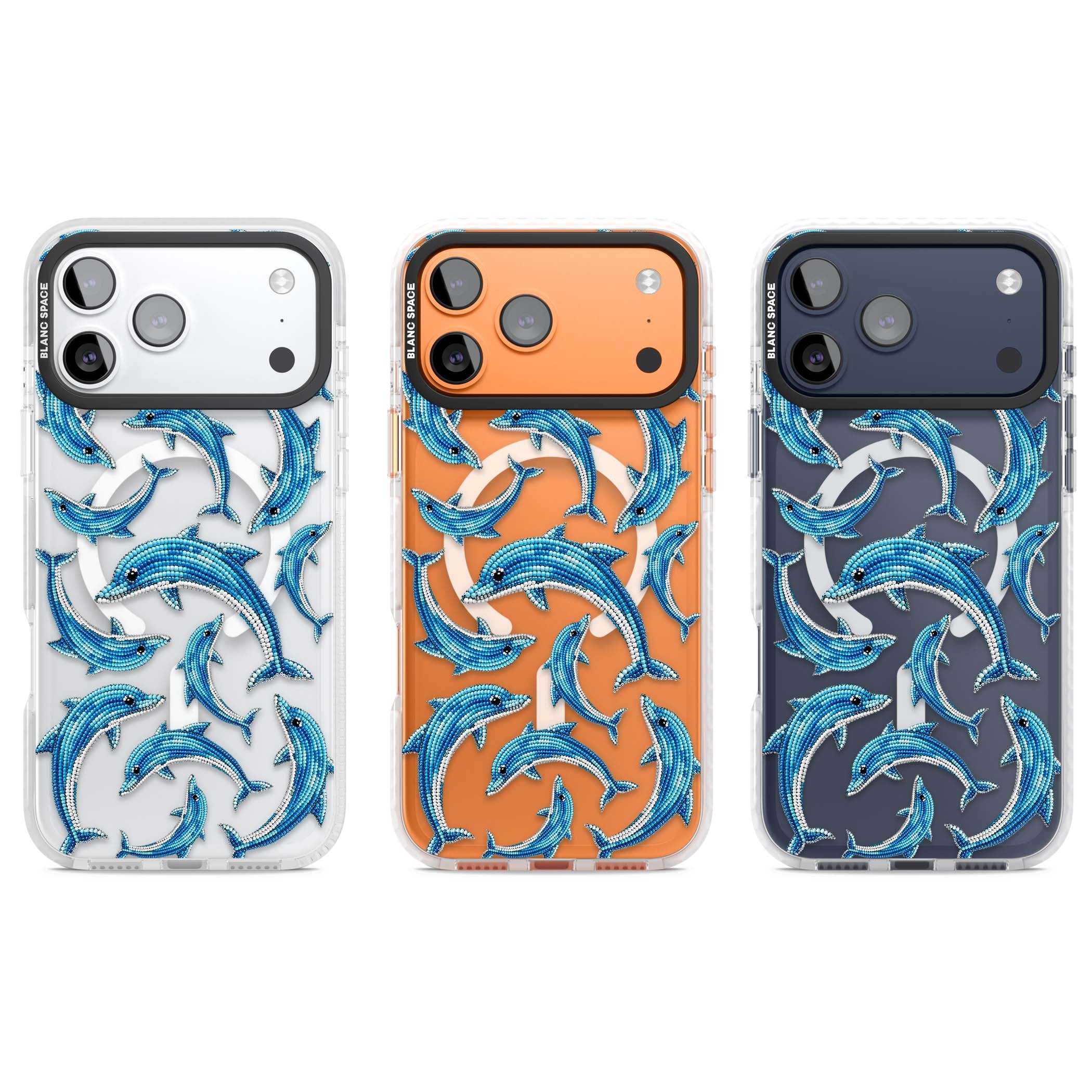 Beaded Dolphins coastal iPhone case featuring beaded dolphins in blue and white swimming across a clear background | Impact Magsafe case for iPhone 17 Pro, iPhone 17 Pro Max