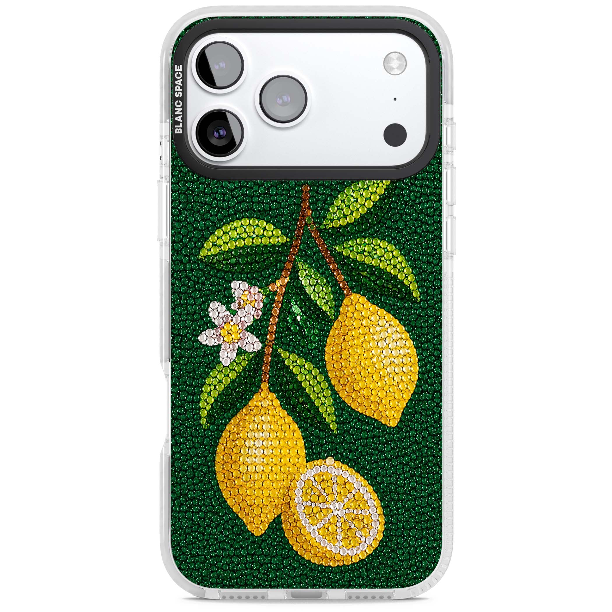 Beaded Lemons coastal iPhone case featuring crystal-beaded lemons, citrus blossom and green leaves on emerald ground | Impact Magsafe case for iPhone 17 Pro, iPhone 17 Pro Max