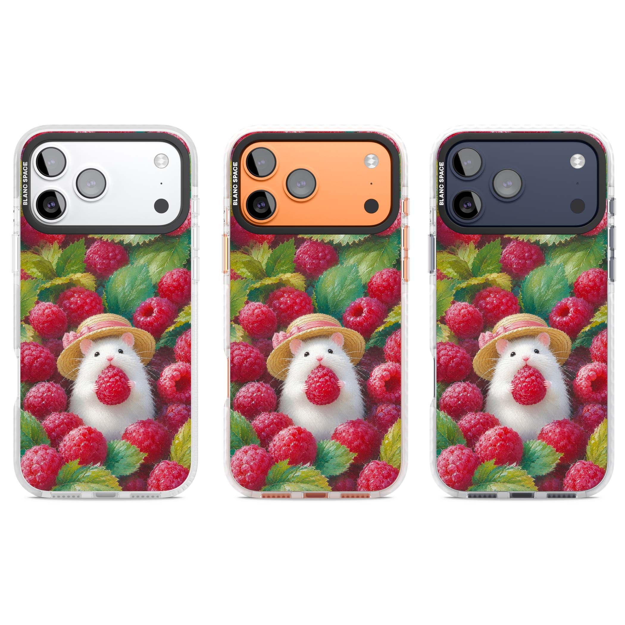 Berry Forager cottagecore iPhone case featuring a white hamster in a straw hat holding a raspberry surrounded by ripe ber | Impact Magsafe case for iPhone 17 Pro, iPhone 17 Pro Max
