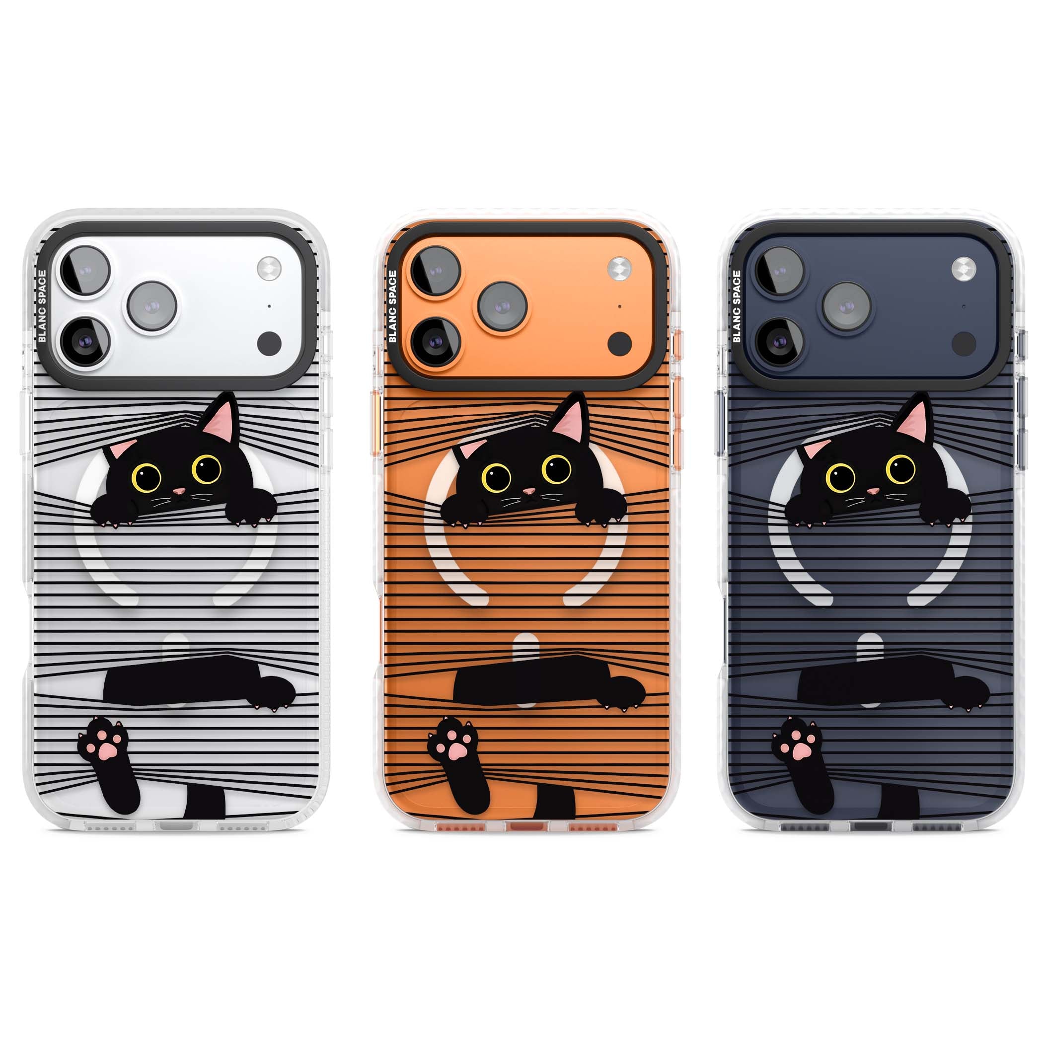 Peek-a-Boo Cat minimal iPhone case featuring black cat peeking through horizontal black and white stripes | Impact Magsafe case for iPhone 17 Pro, iPhone 17 Pro Max