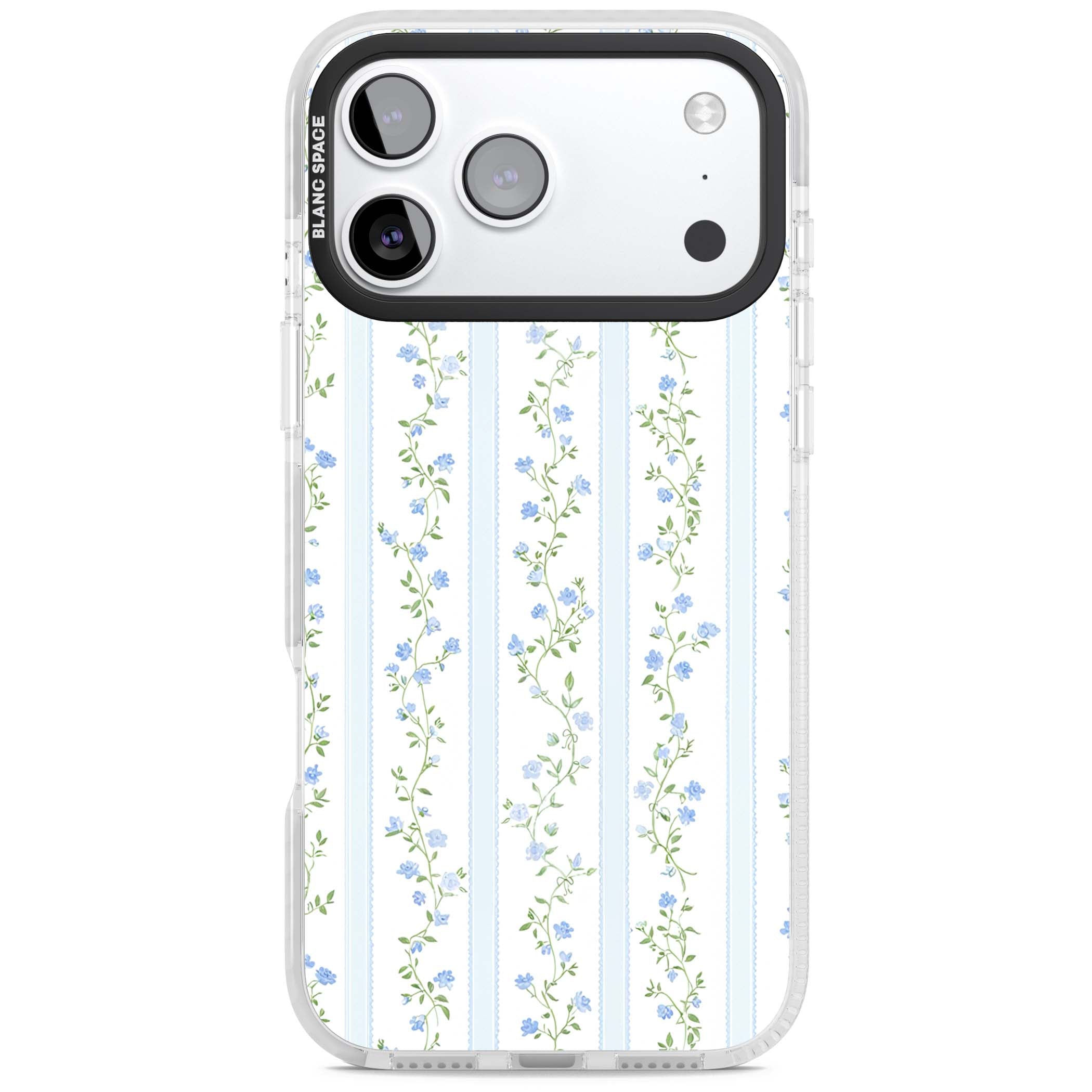 Bluebell Vine cottagecore iPhone case featuring climbing blue roses, trailing green vines, and pale ticking stripes | Impact Magsafe case for iPhone 17 Pro, iPhone 17 Pro Max