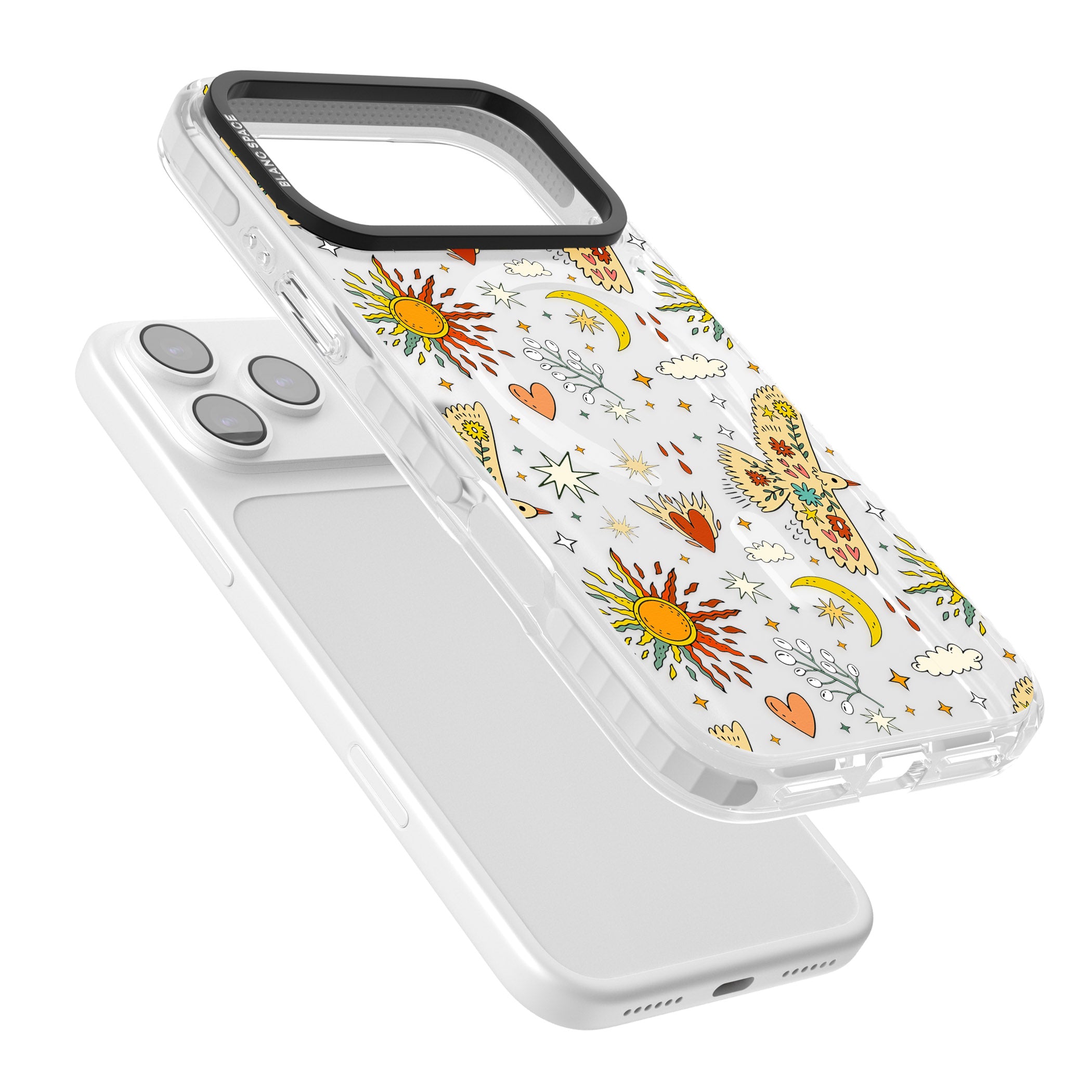 Boho Celestial Floral Bird Sun iPhone 17 Pro Impact Pro Clear Phone Case Colours