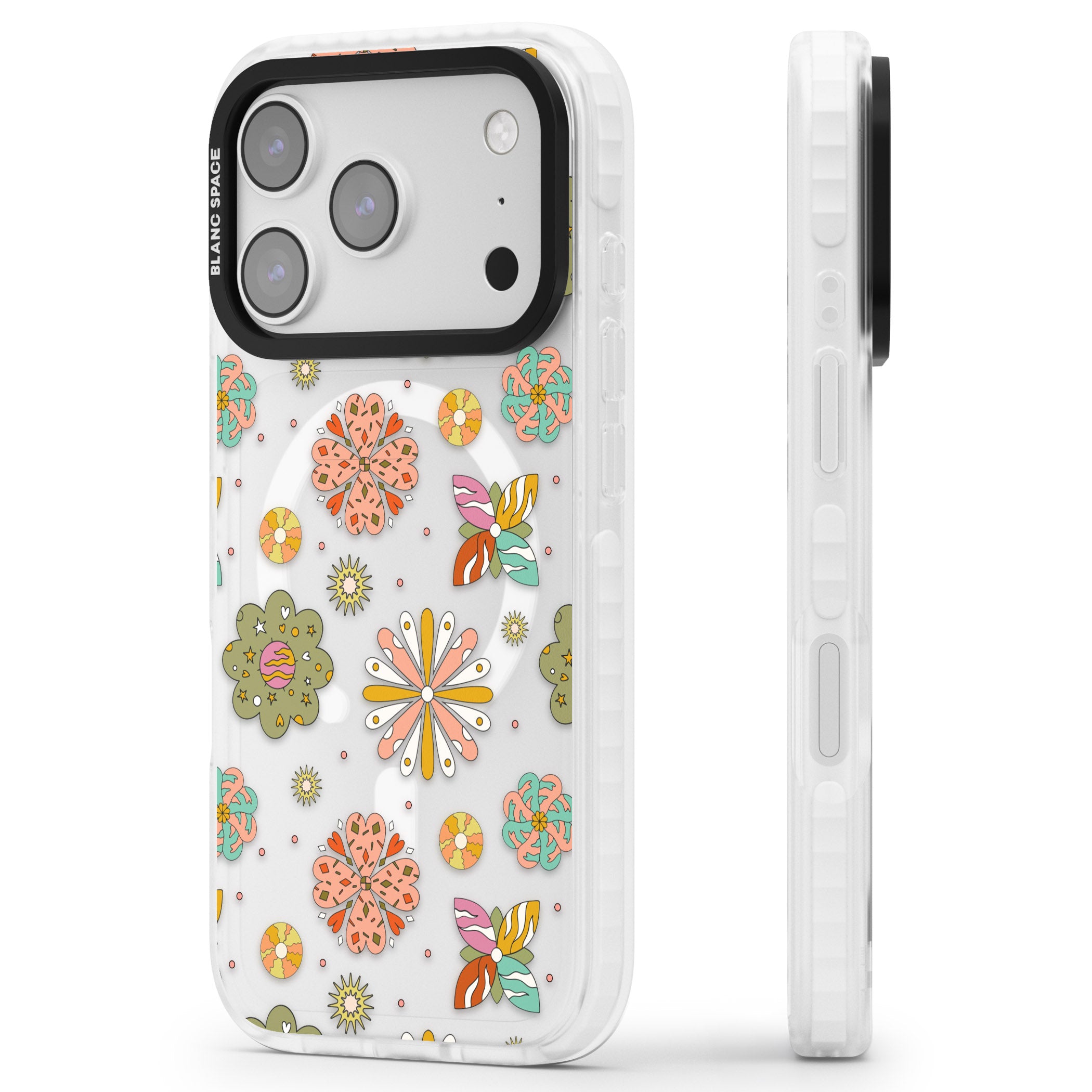 Boho Celestial Psychedelic Floral iPhone 17 Pro Max Impact Pro Clear Phone Case Side Profile
