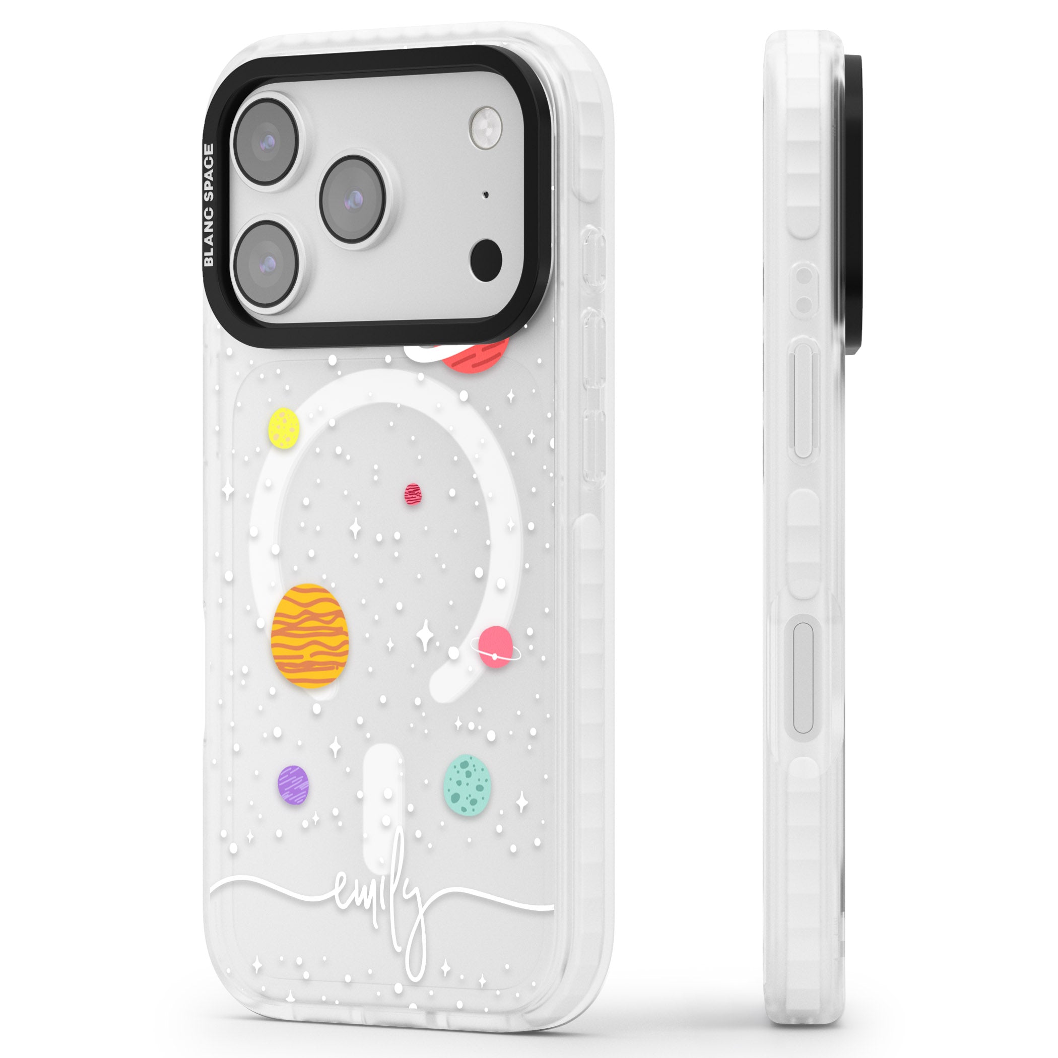 Personalised Cute Cartoon Planet (Clear) iPhone 17 Pro Impact Pro Clear Phone Case Side Profile