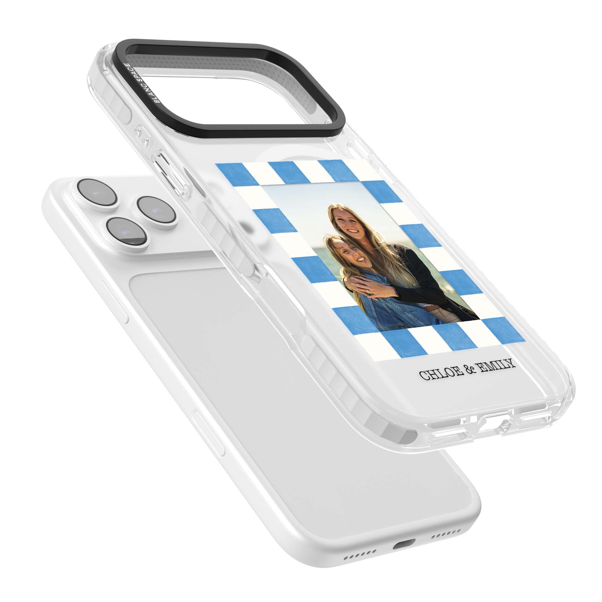 Blue Check Photo personalised photo iPhone case with blue checkered frame and custom couple names | Impact Magsafe case for iPhone 17 Pro, iPhone 17 Pro Max