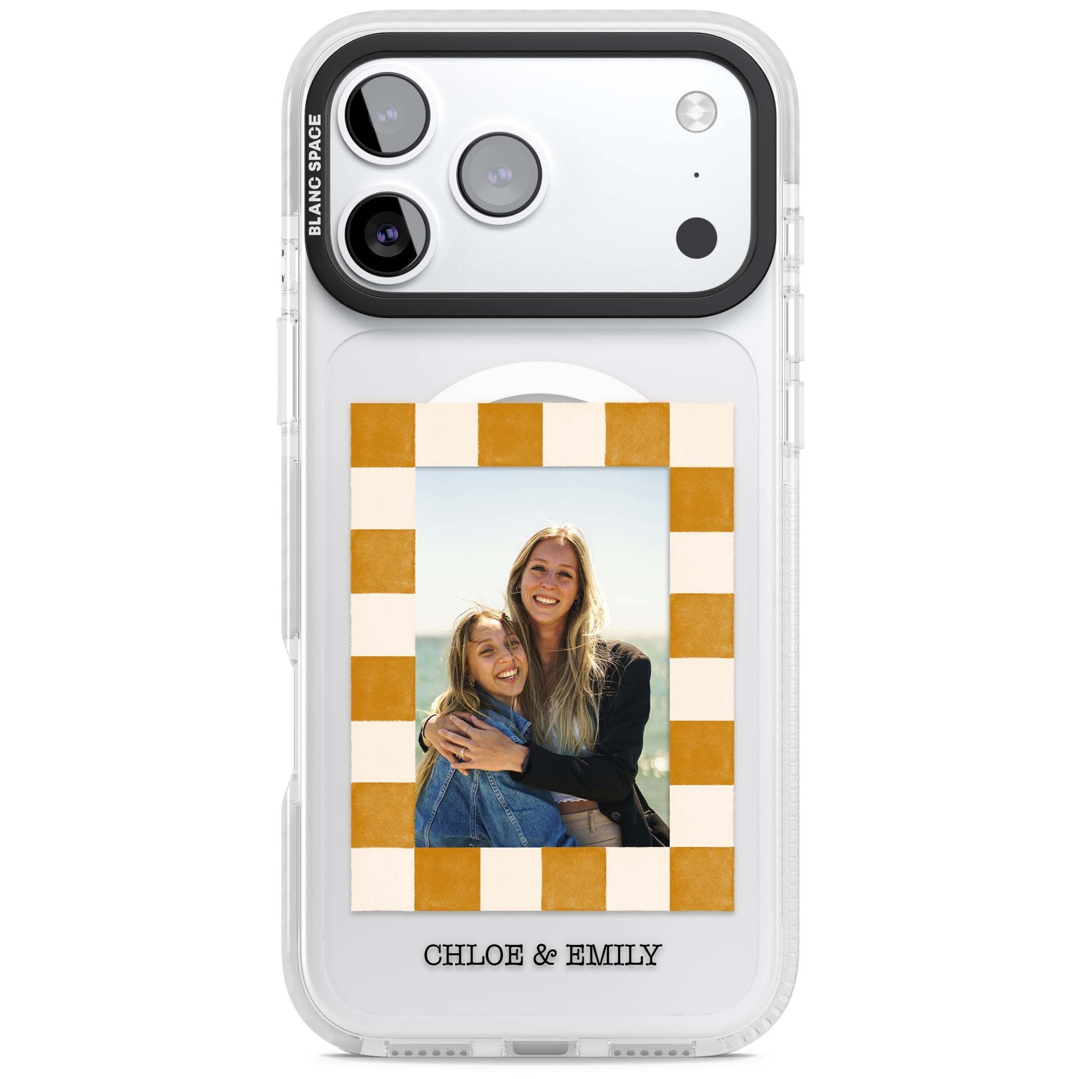 Citrus Check Photo personalised iPhone case with custom photo, orange checkered frame and names underneath | Impact Magsafe case for iPhone 17 Pro, iPhone 17 Pro Max