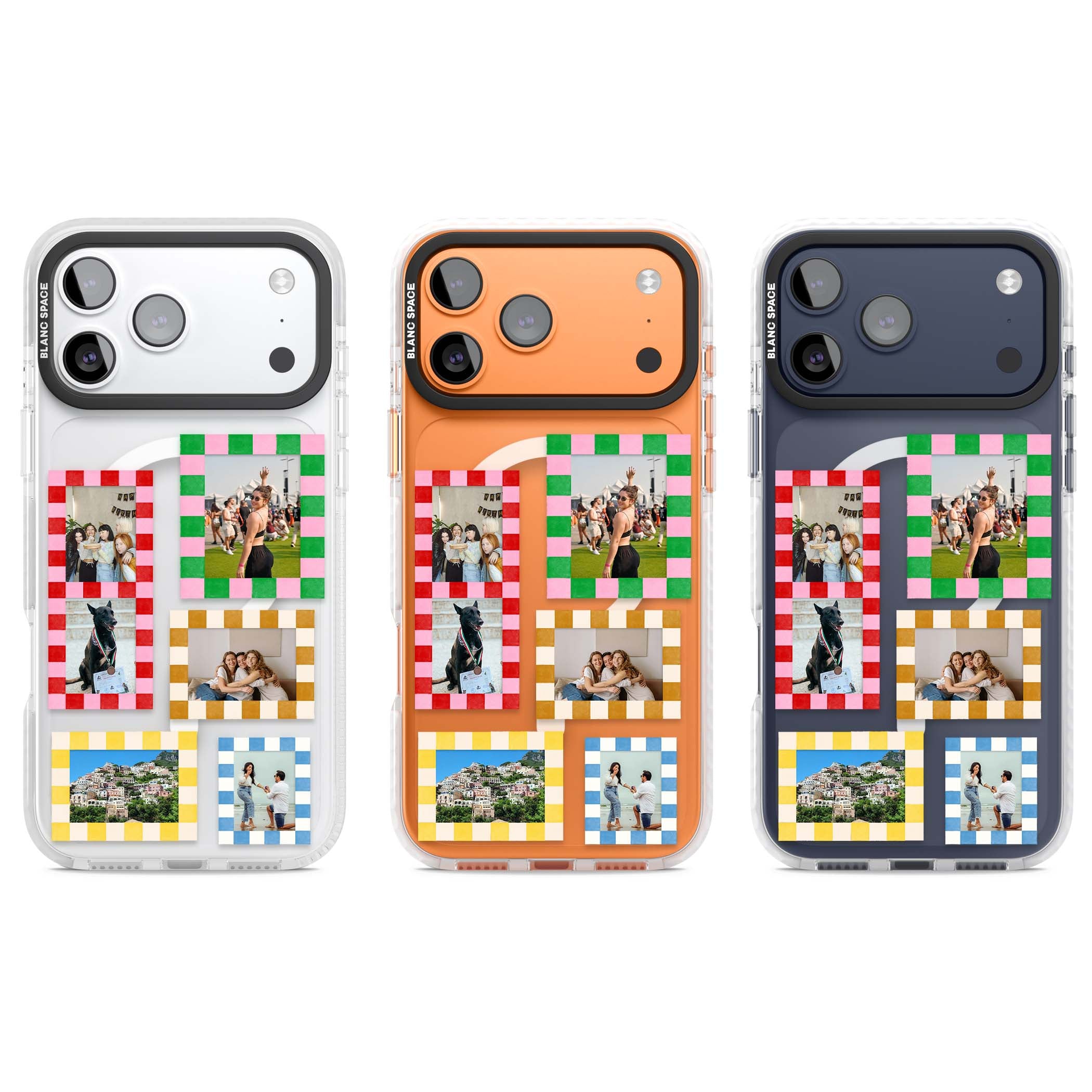Italian Check Frames custom photo collage iPhone case featuring six checkered photo frames in red, green, pink and  | Impact Magsafe case for iPhone 17 Pro, iPhone 17 Pro Max